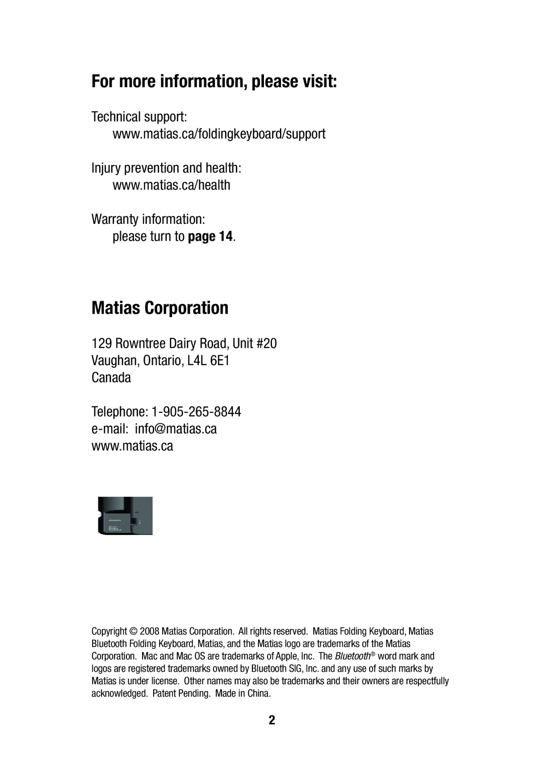 Matias FK304 manual For more information, please visit, Matias Corporation 