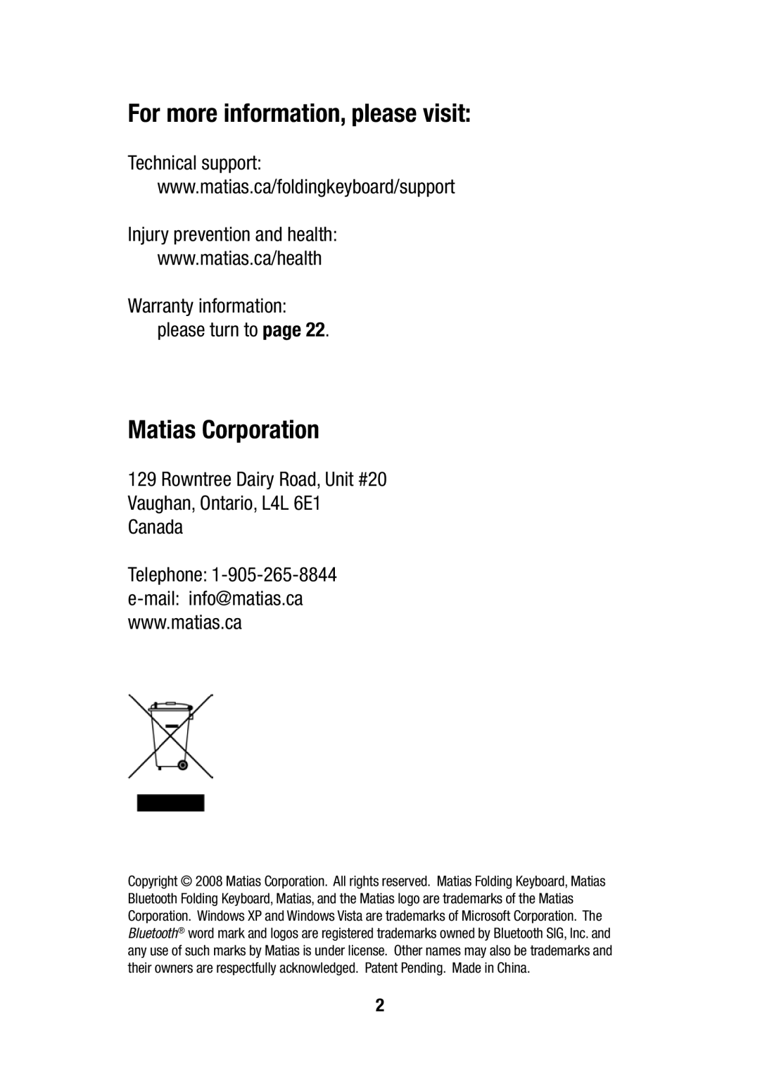 Matias FK305 manual For more information, please visit, Matias Corporation 