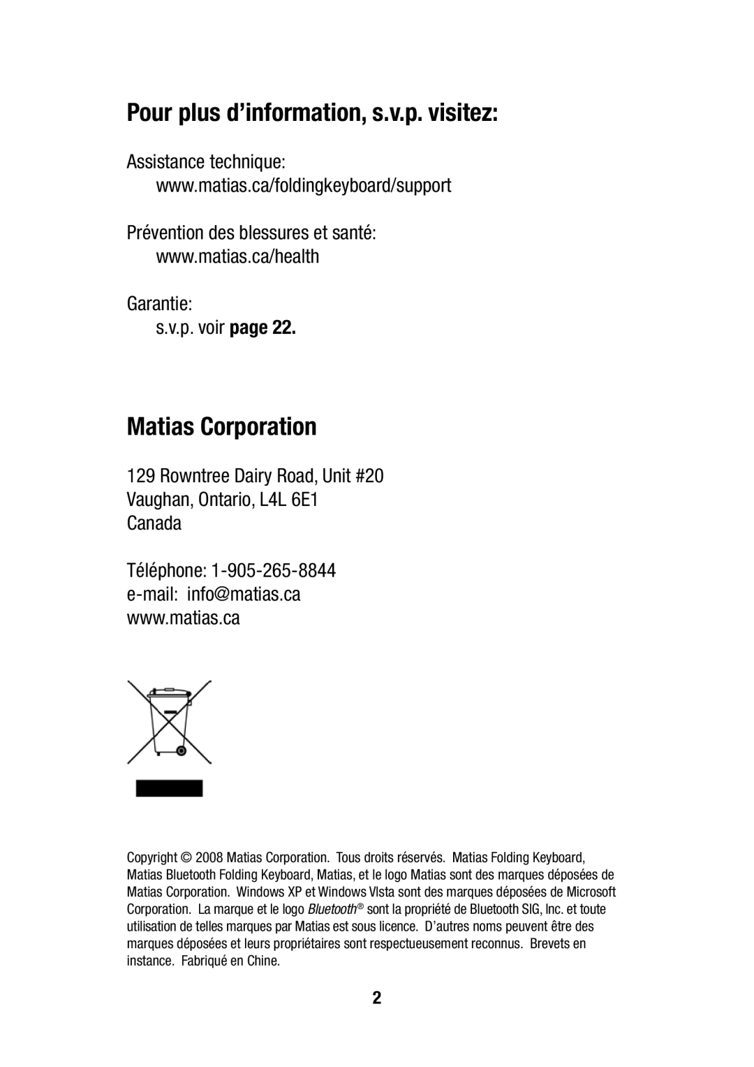 Matias FK305 manual Pour plus d’information, s.v.p. visitez, Matias Corporation 