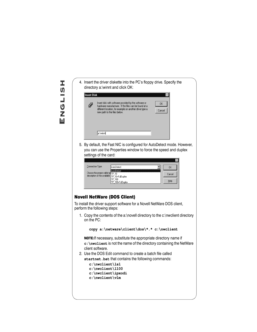 Matrox Electronic Systems 10574-MT-0102 manual Novell NetWare DOS Client, Copy a\netware\client\dos\*.* c\nwclient 