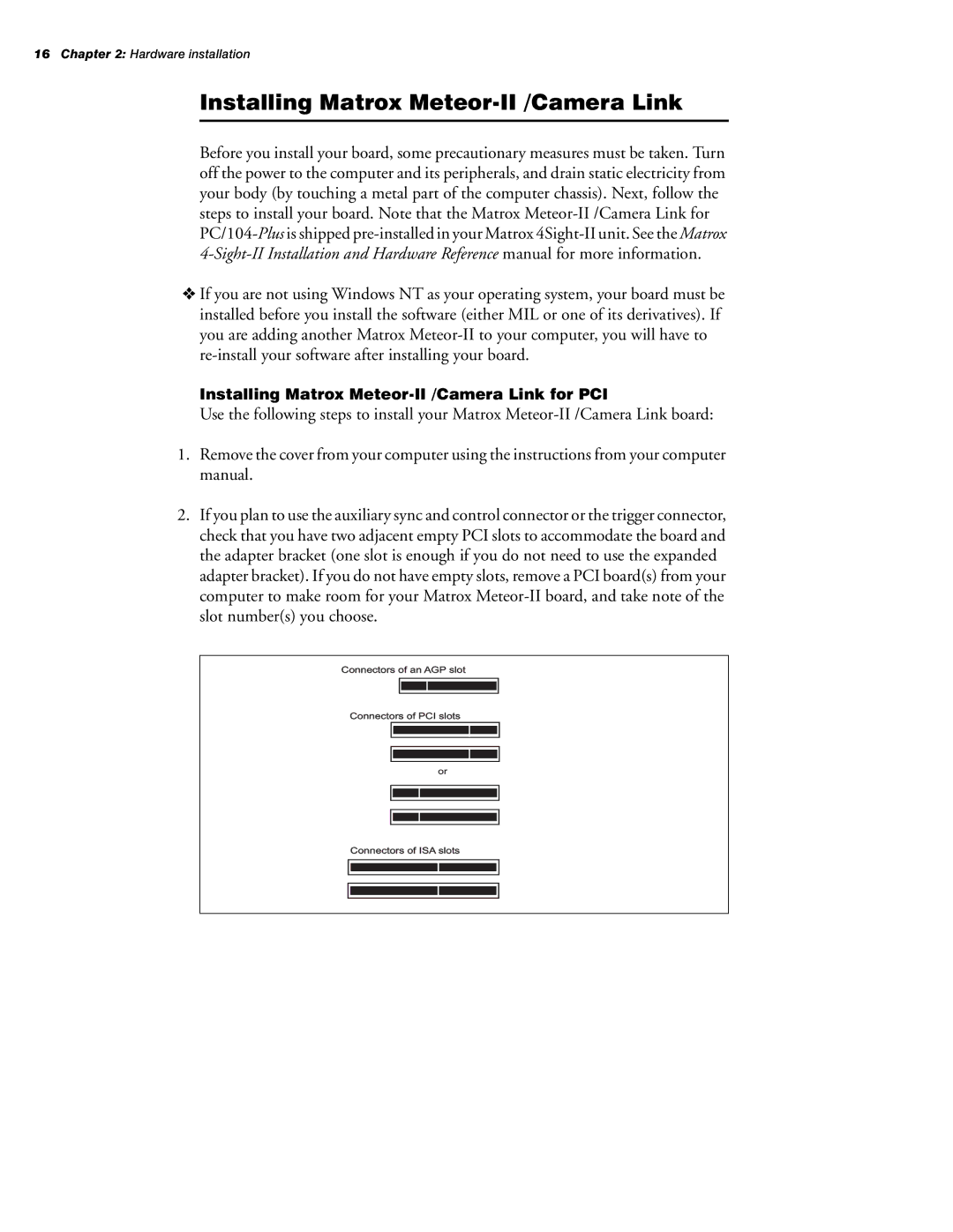 Matrox Electronic Systems 10760-101-0200 manual Installing Matrox Meteor-II /Camera Link 