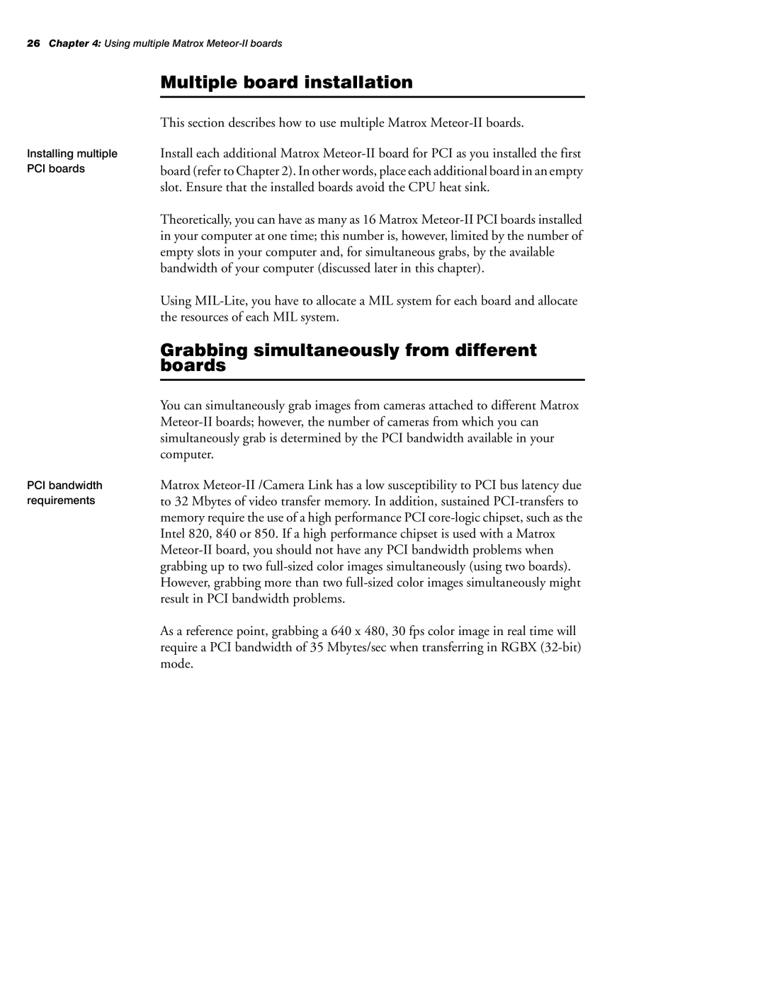 Matrox Electronic Systems 10760-101-0200 manual Multiple board installation, Grabbing simultaneously from different boards 