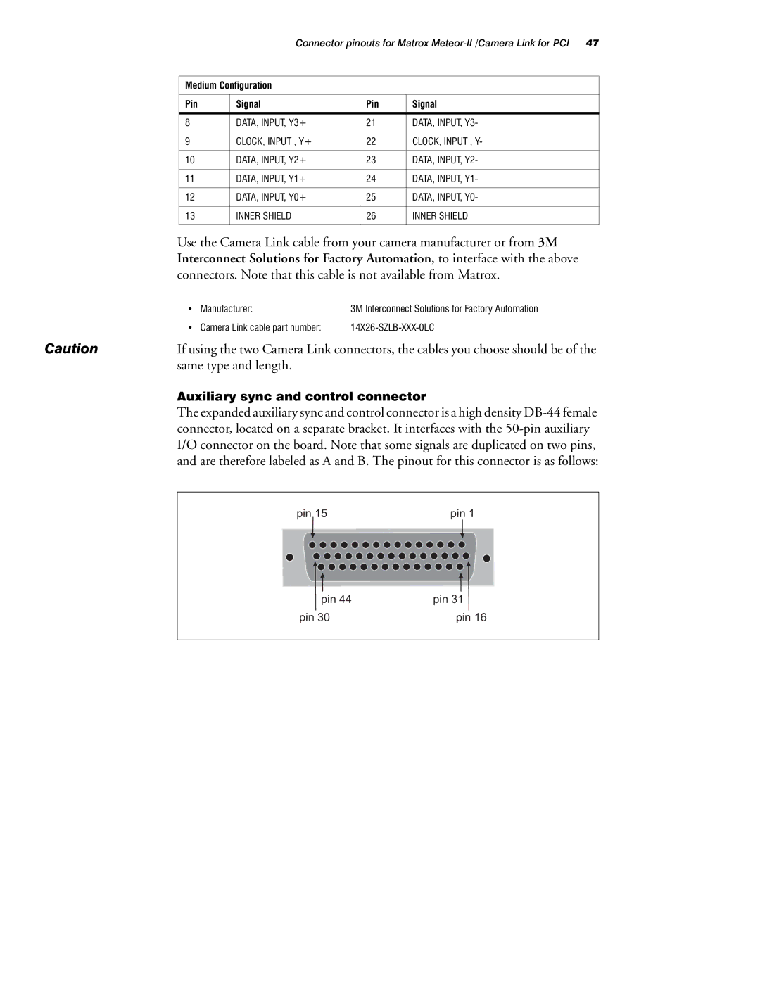 Matrox Electronic Systems 10760-101-0200 manual Same type and length, Medium Configuration Pin Signal 