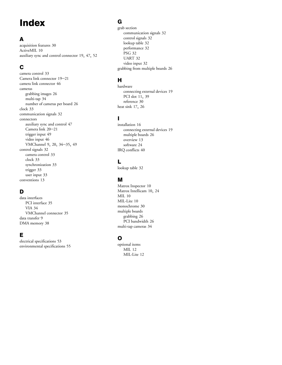 Matrox Electronic Systems 10760-101-0200 manual Index 