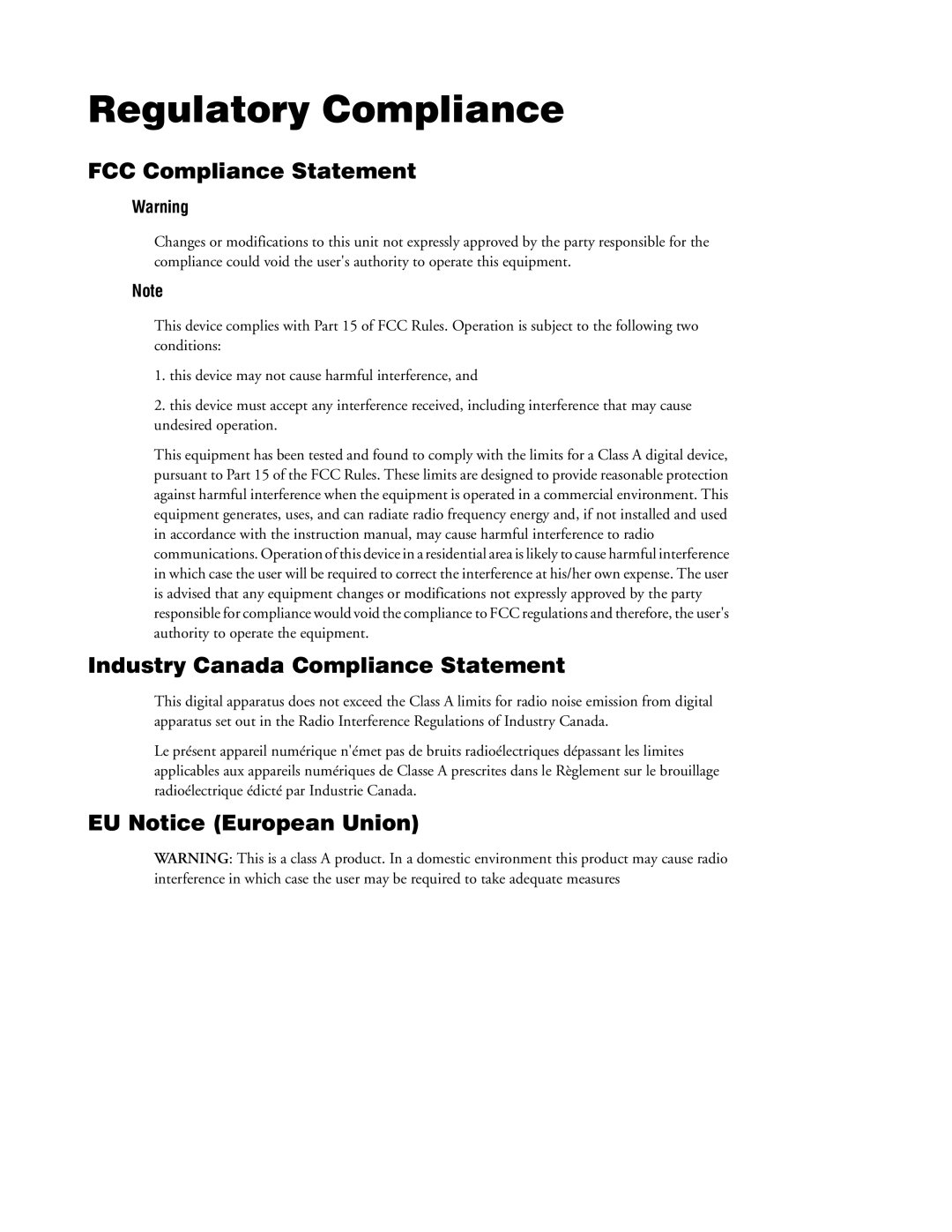 Matrox Electronic Systems 10760-101-0200 manual Regulatory Compliance, FCC Compliance Statement, EU Notice European Union 