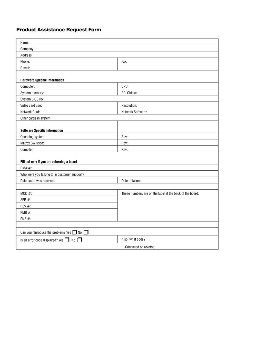 Matrox Electronic Systems 10760-101-0200 manual Product Assistance Request Form 