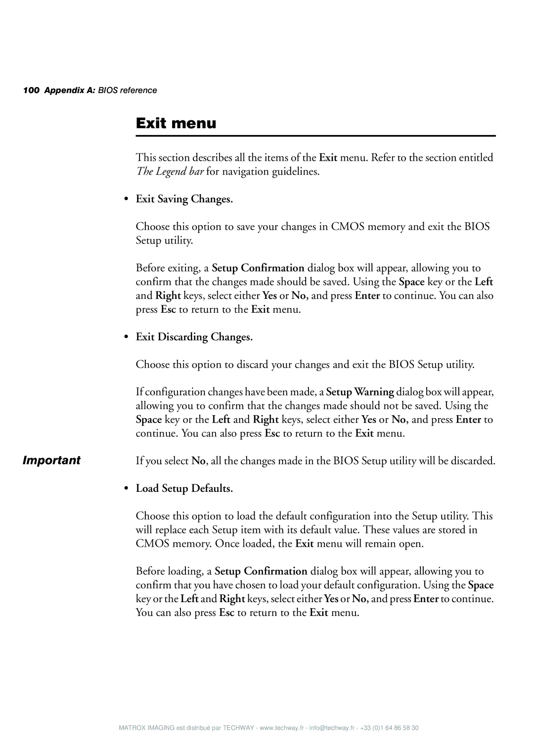 Matrox Electronic Systems 4SIGHT-M manual Exit menu, Exit Saving Changes, Exit Discarding Changes, Load Setup Defaults 