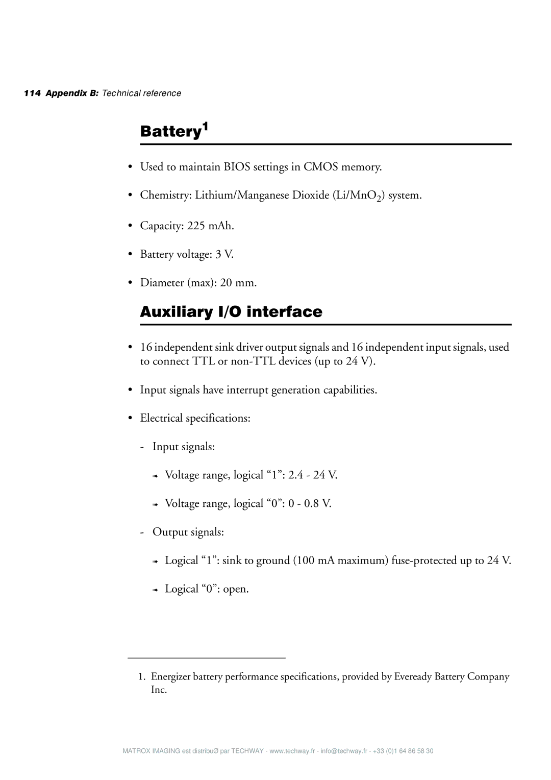 Matrox Electronic Systems 4SIGHT-M manual Battery1, Auxiliary I/O interface 