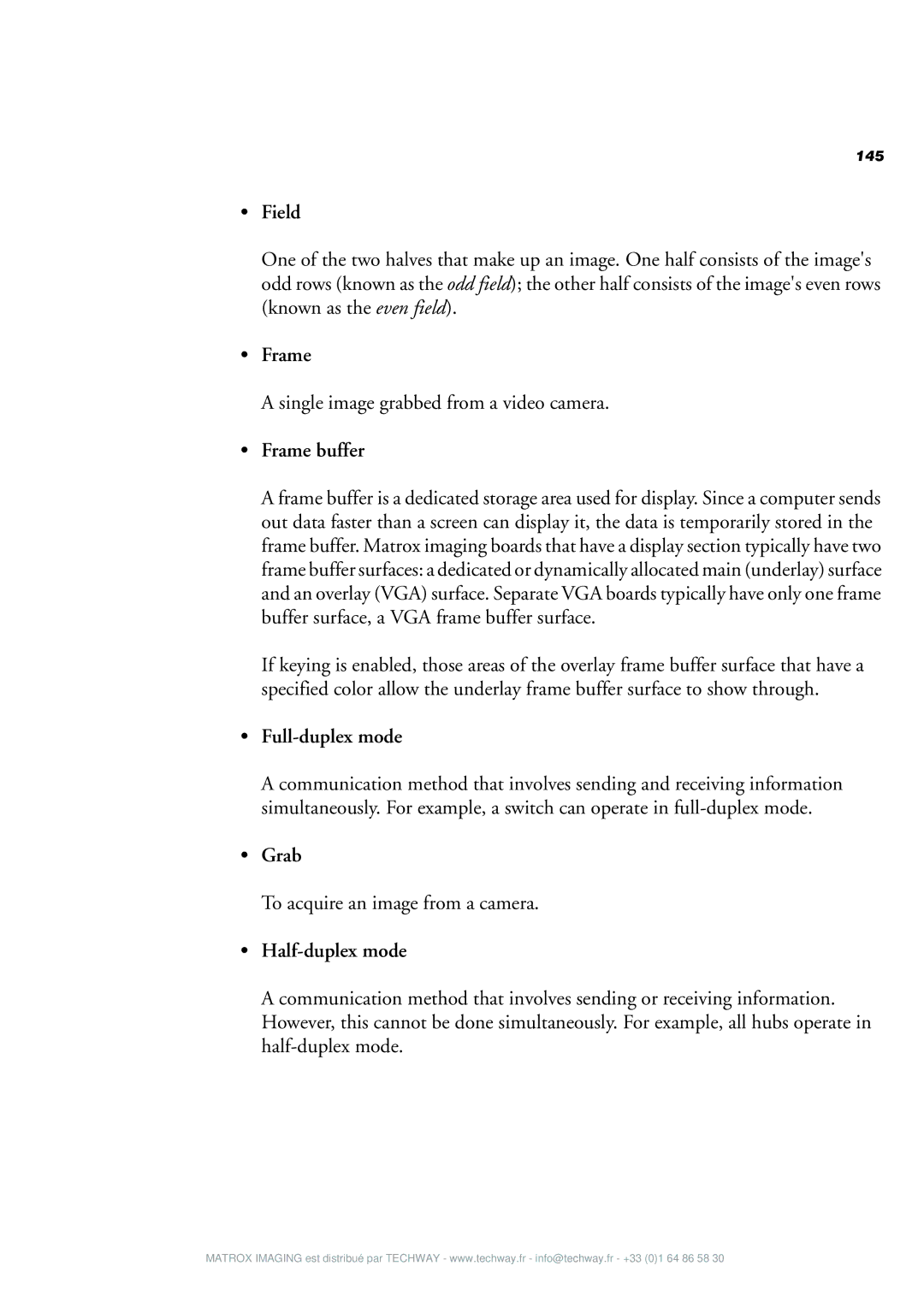 Matrox Electronic Systems 4SIGHT-M manual Field, Frame buffer, Full-duplex mode, Grab, Half-duplex mode 