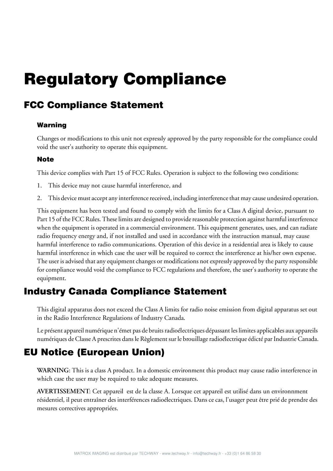 Matrox Electronic Systems 4SIGHT-M manual FCC Compliance Statement, Industry Canada Compliance Statement 