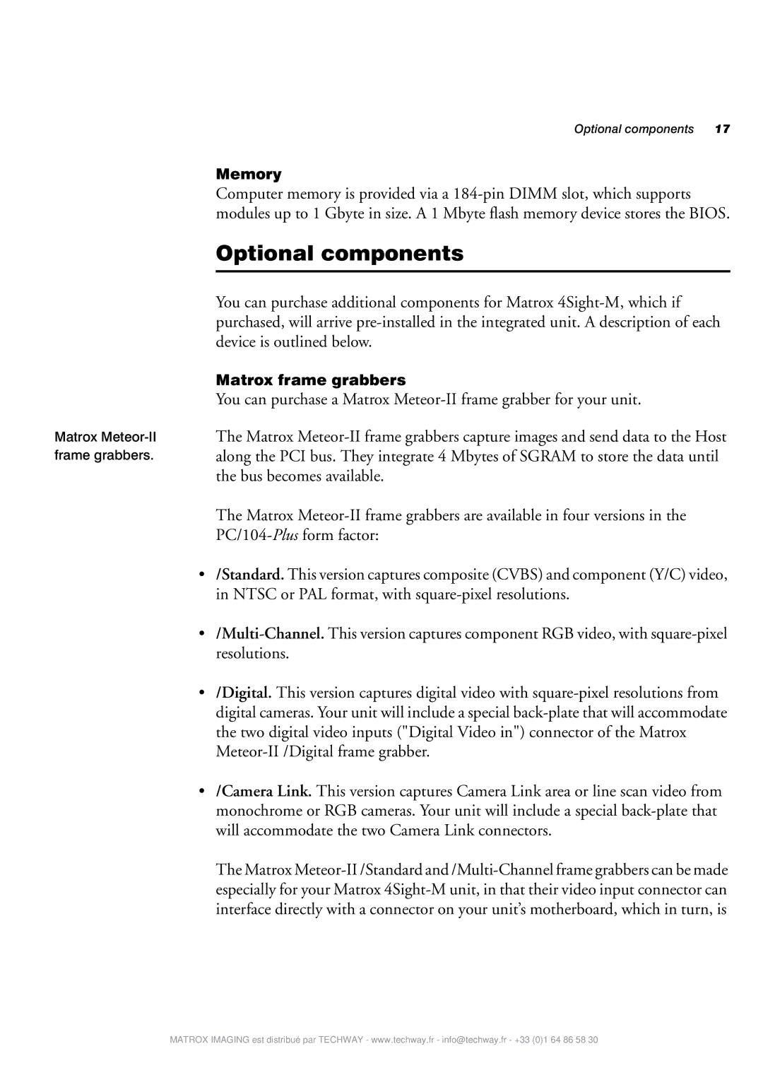 Matrox Electronic Systems 4SIGHT-M manual Optional components, Memory 