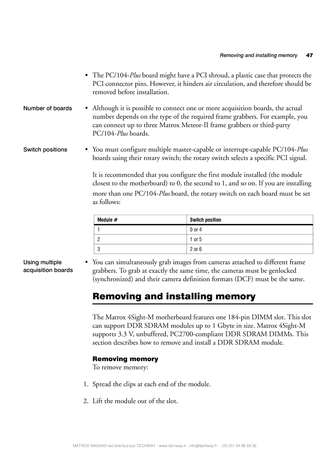 Matrox Electronic Systems 4SIGHT-M manual Removing and installing memory, Module # Switch position 
