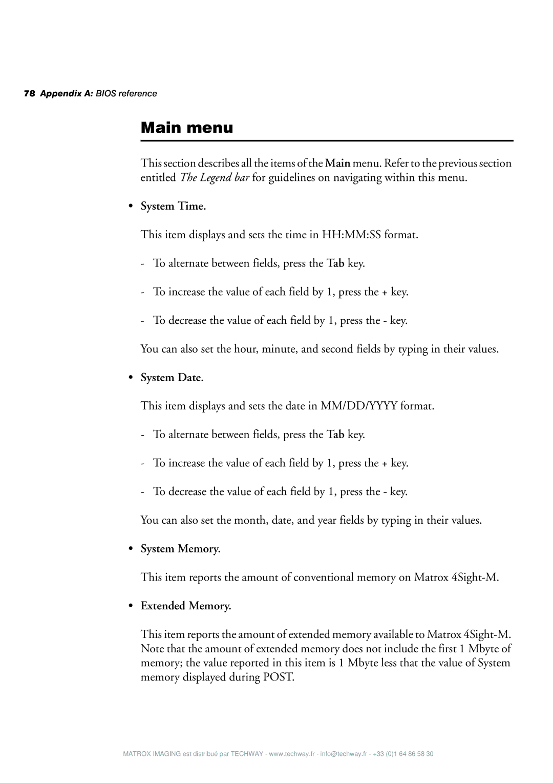 Matrox Electronic Systems 4SIGHT-M manual Main menu, System Time, System Date, System Memory, Extended Memory 