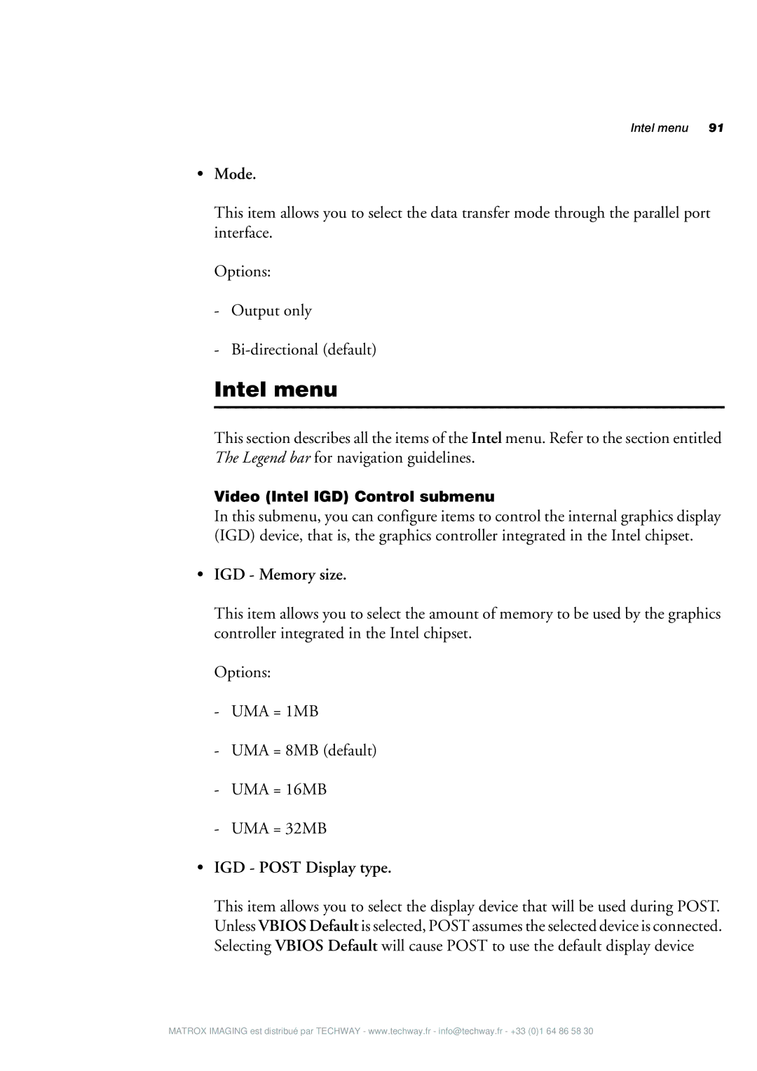 Matrox Electronic Systems 4SIGHT-M manual Intel menu, Mode, IGD Memory size, IGD Post Display type 