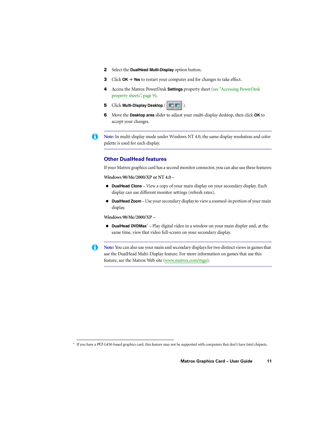 Matrox Electronic Systems LE G450, LX G450, DVI G450, PCI G450 manual Other DualHead features, Windows 98/Me/2000/XP or NT 