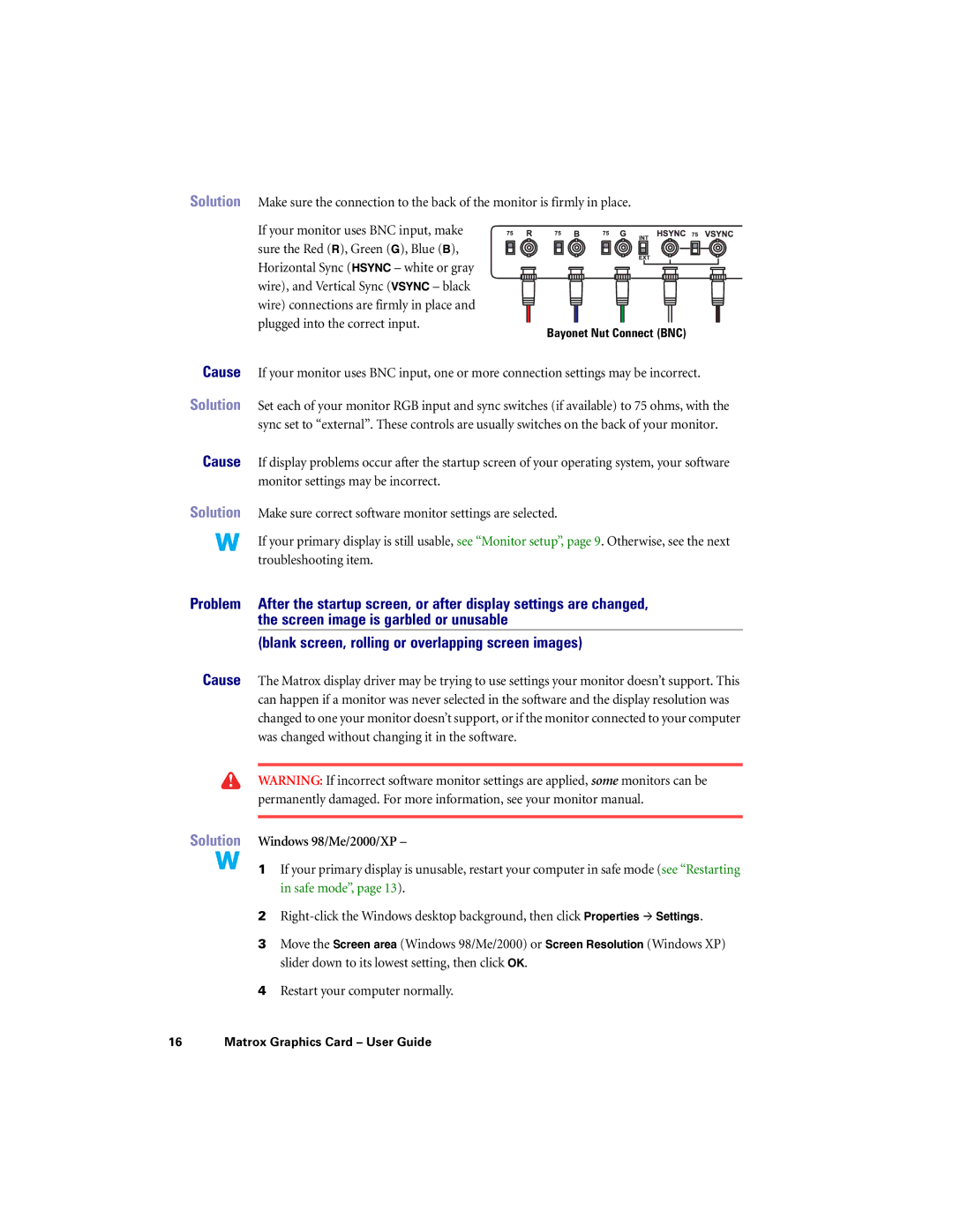 Matrox Electronic Systems LE G450, LX G450, DVI G450, PCI G450 manual Solution Windows 98/Me/2000/XP, Bayonet Nut Connect BNC 