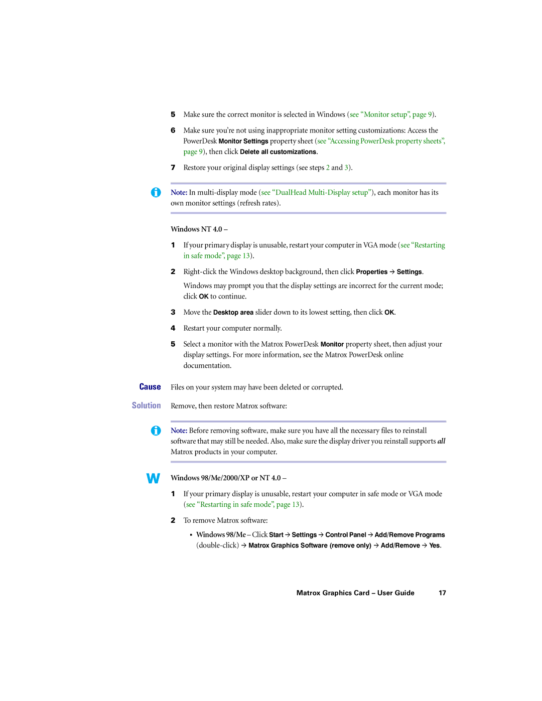 Matrox Electronic Systems LX G450, LE G450, DVI G450 manual Restore your original display settings see steps 2, Windows NT 