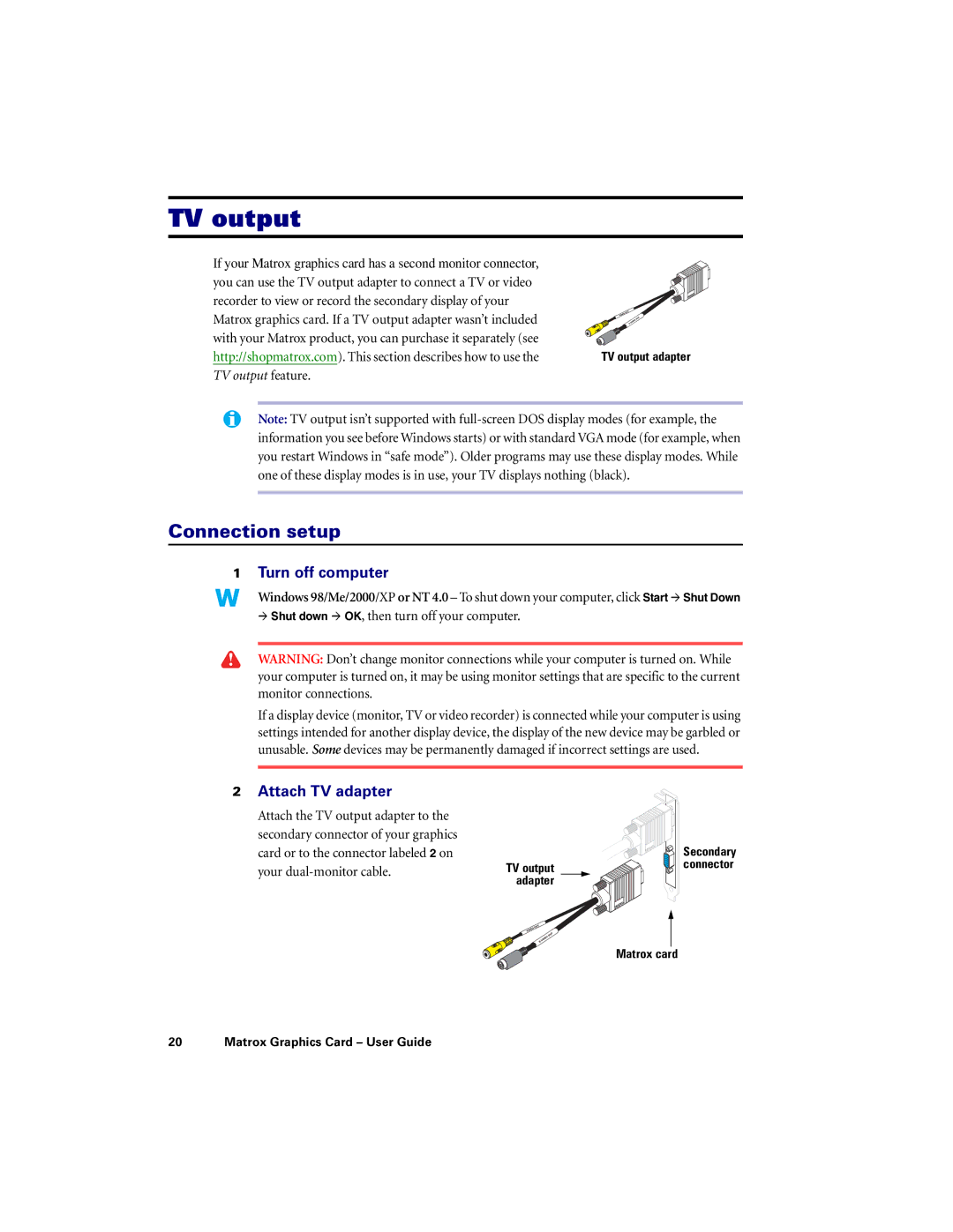 Matrox Electronic Systems LX G450, LE G450, DVI G450 manual TV output, Connection setup, Turn off computer, Attach TV adapter 