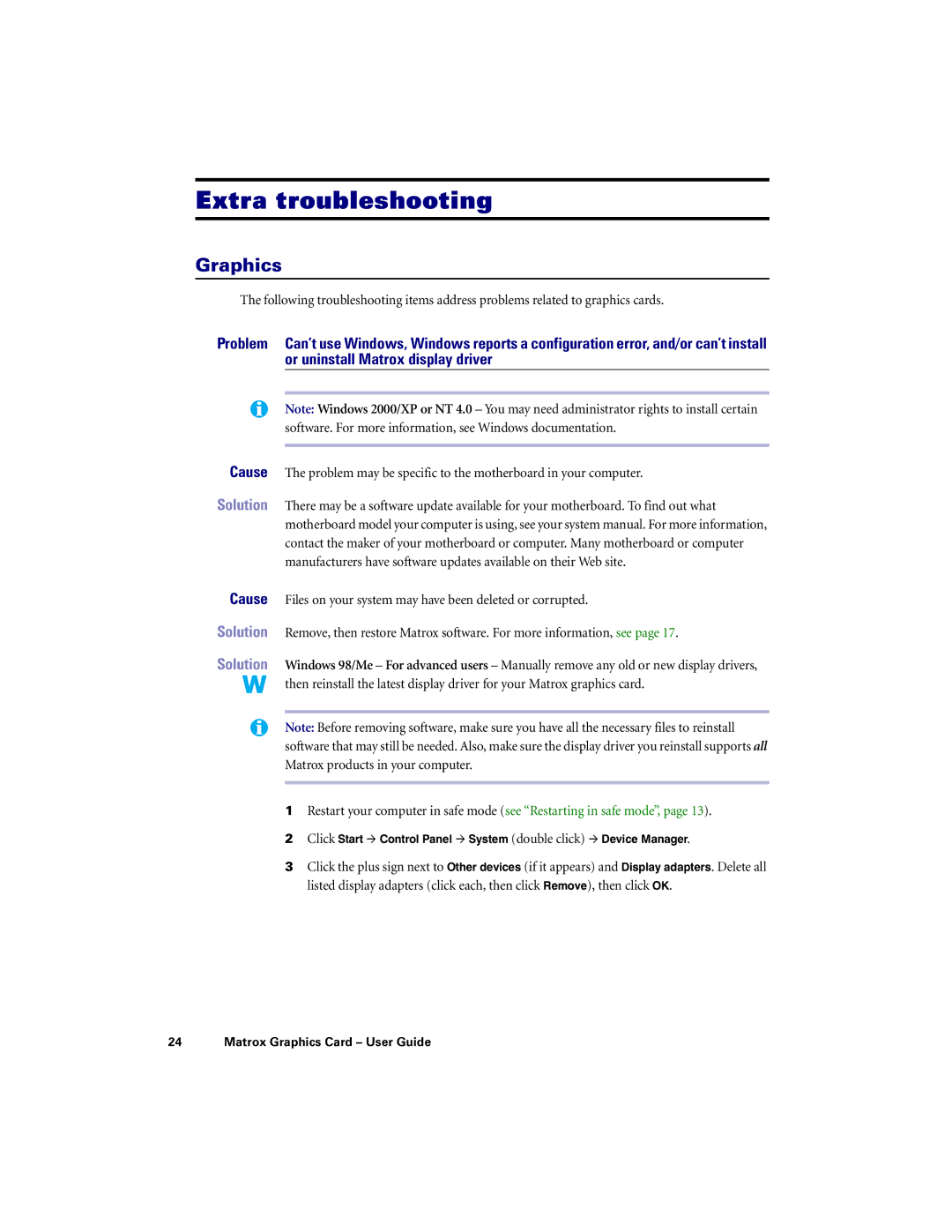 Matrox Electronic Systems PCI G450, LX G450, LE G450, DVI G450 manual Extra troubleshooting, Graphics 