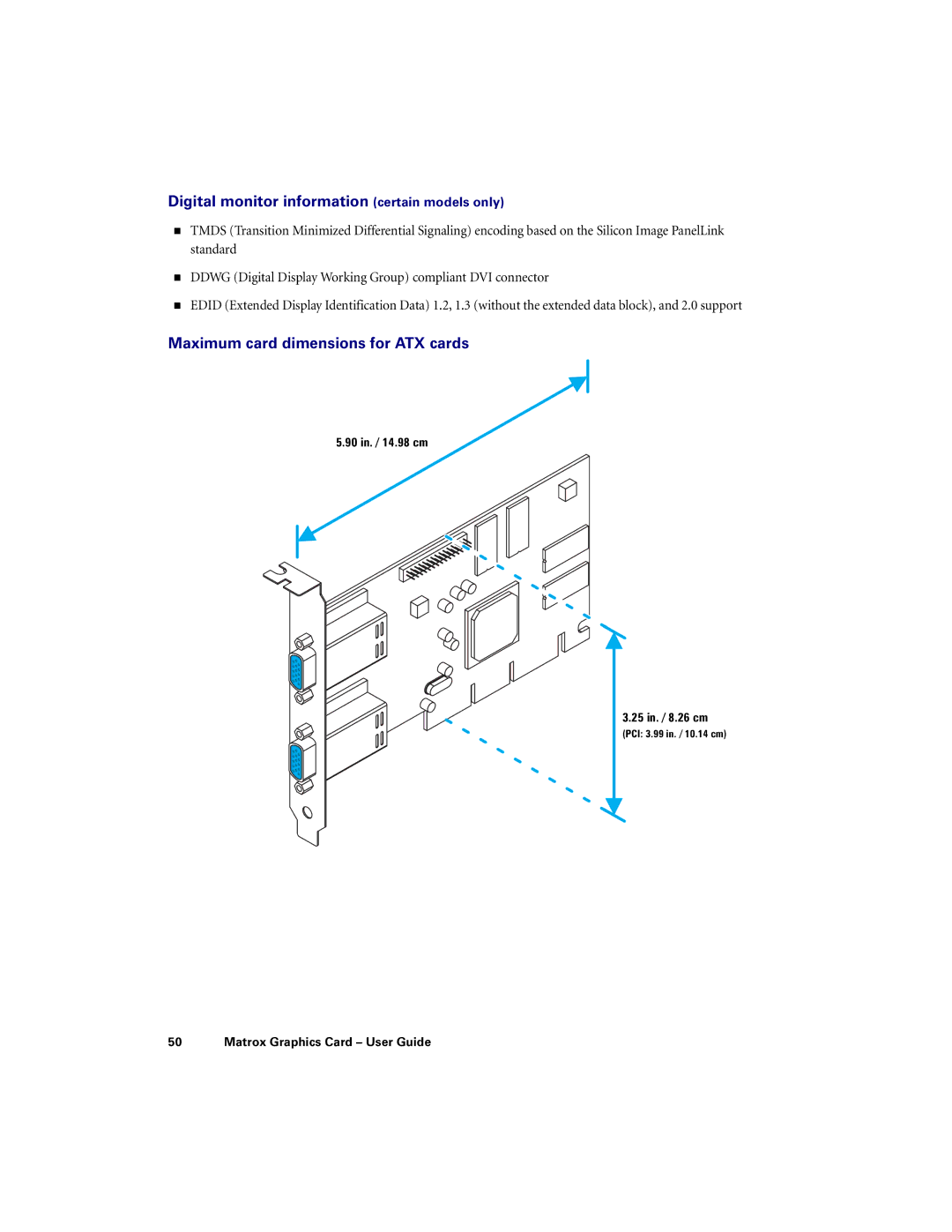 Matrox Electronic Systems LX G450 Digital monitor information certain models only, Maximum card dimensions for ATX cards 