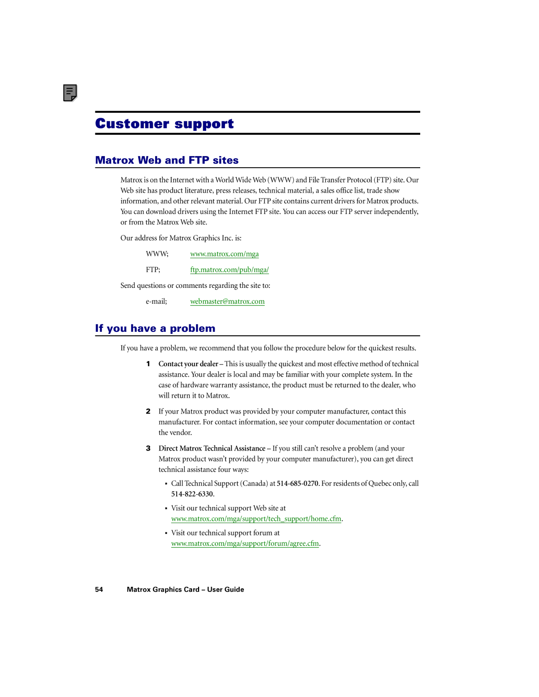 Matrox Electronic Systems PCI G450, LX G450, LE G450 manual Customer support, Matrox Web and FTP sites, If you have a problem 