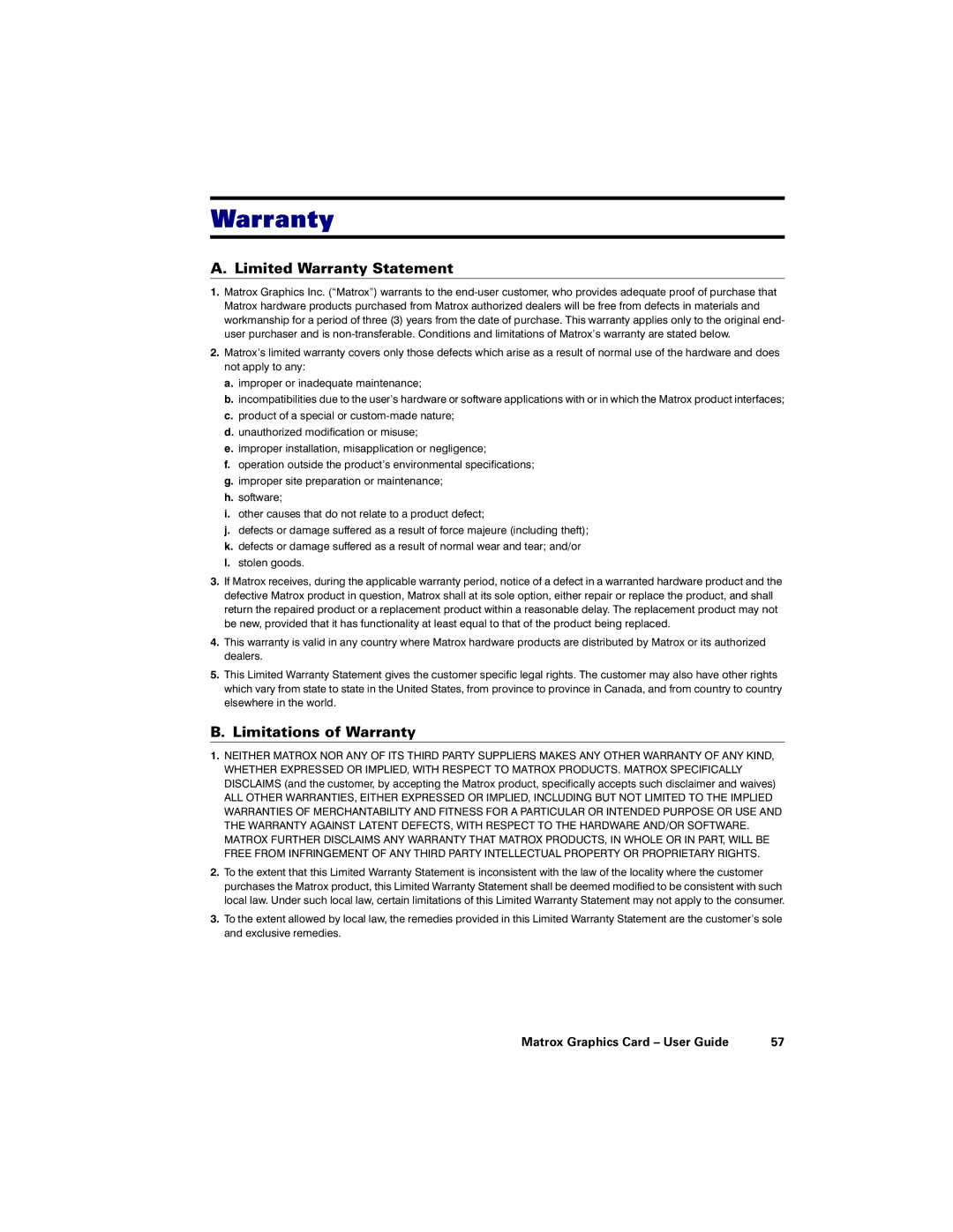 Matrox Electronic Systems LX G450, LE G450, DVI G450, PCI G450 manual Limited Warranty Statement 