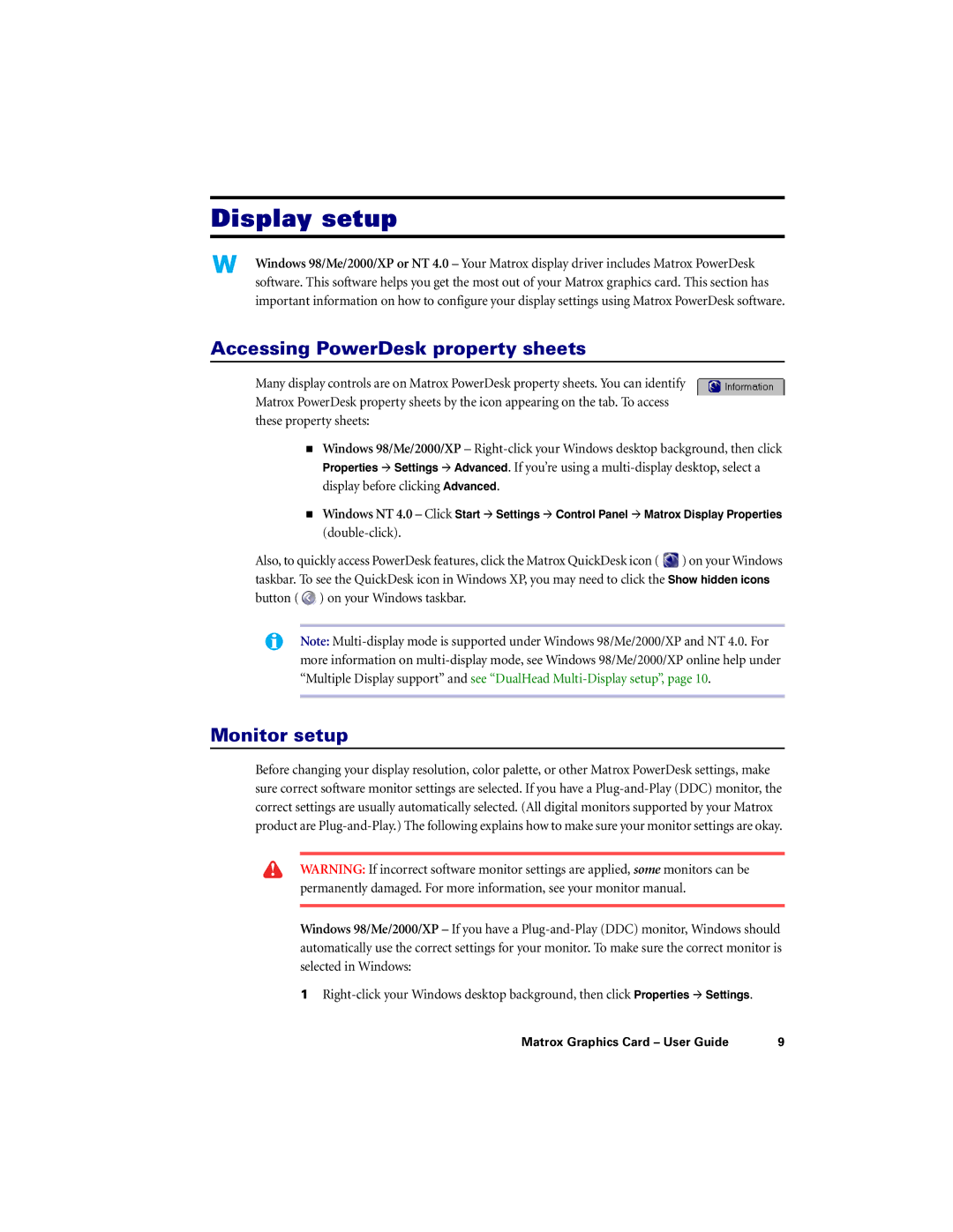 Matrox Electronic Systems PCI G450, LX G450, LE G450 manual Display setup, Accessing PowerDesk property sheets, Monitor setup 