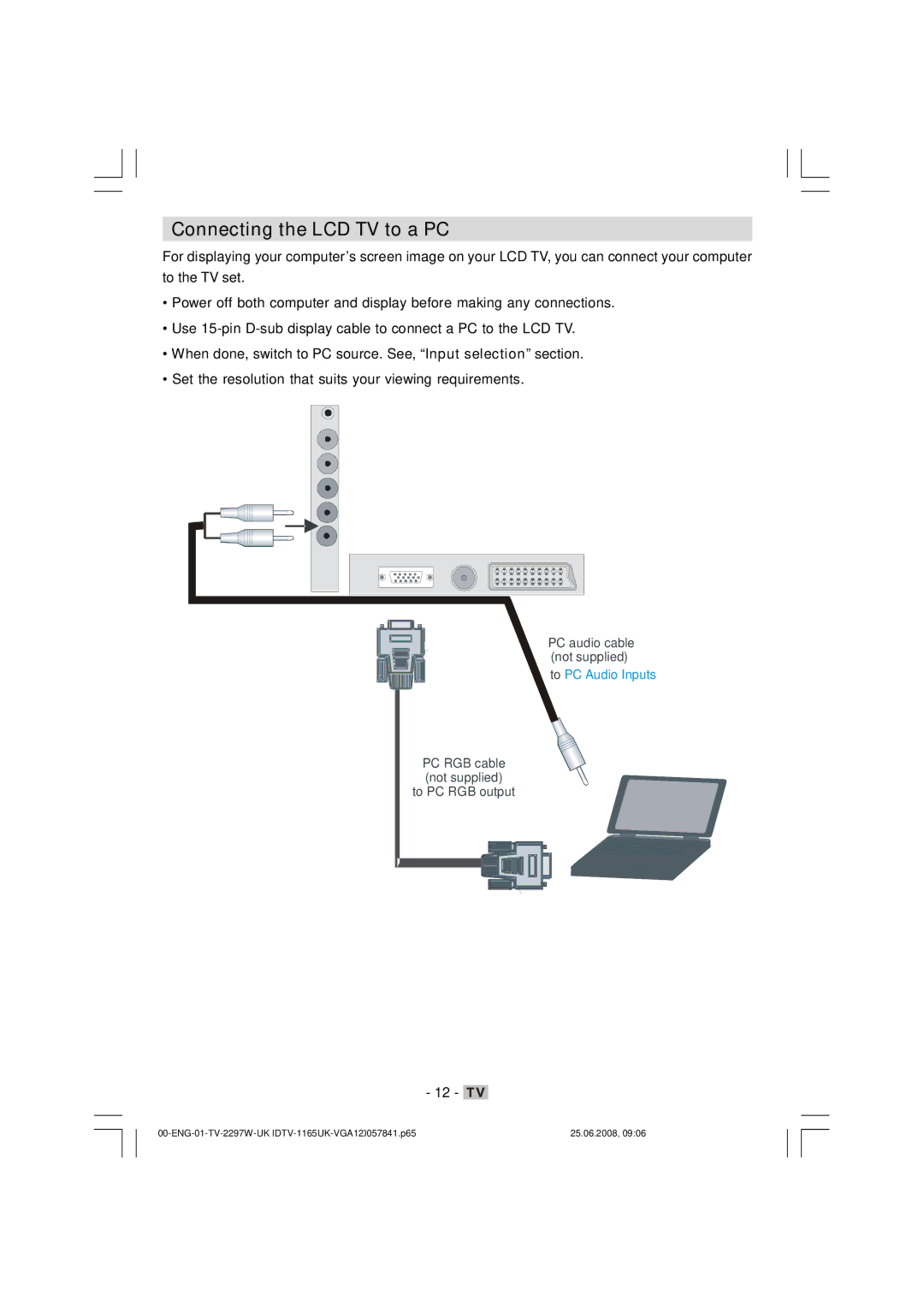 Matsui America M22LID618 manual Connecting the LCD TV to a PC 