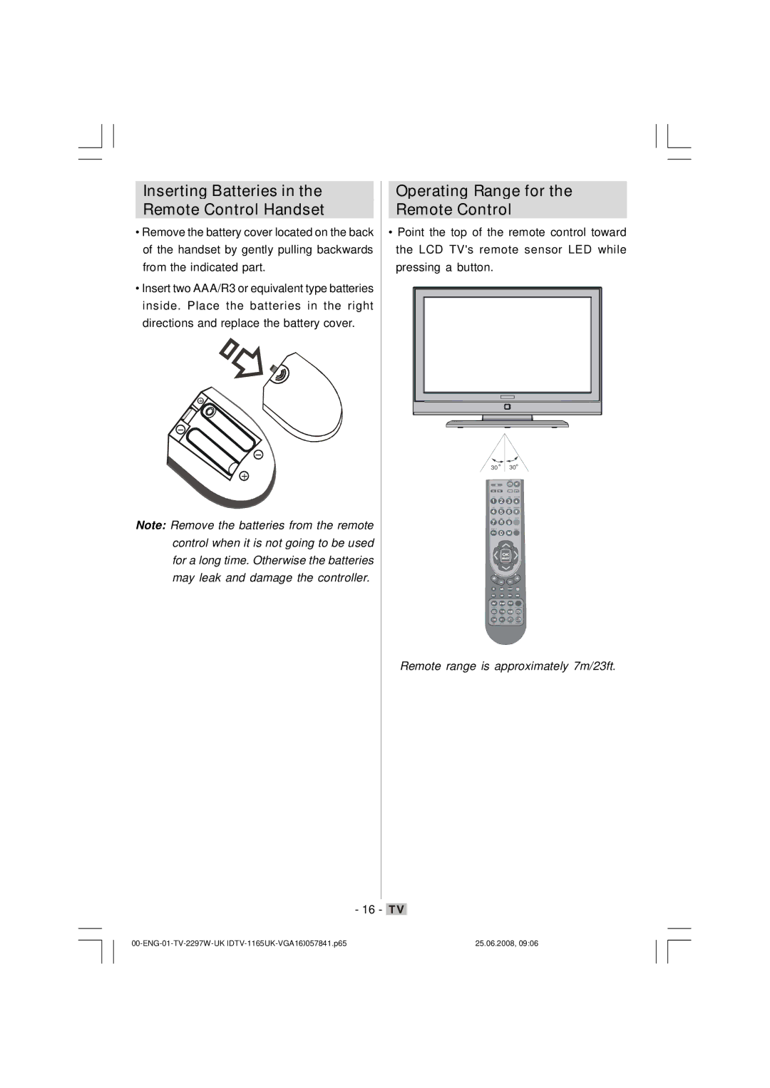 Matsui America M22LID618 manual Inserting Batteries in the Remote Control Handset, Operating Range for Remote Control 