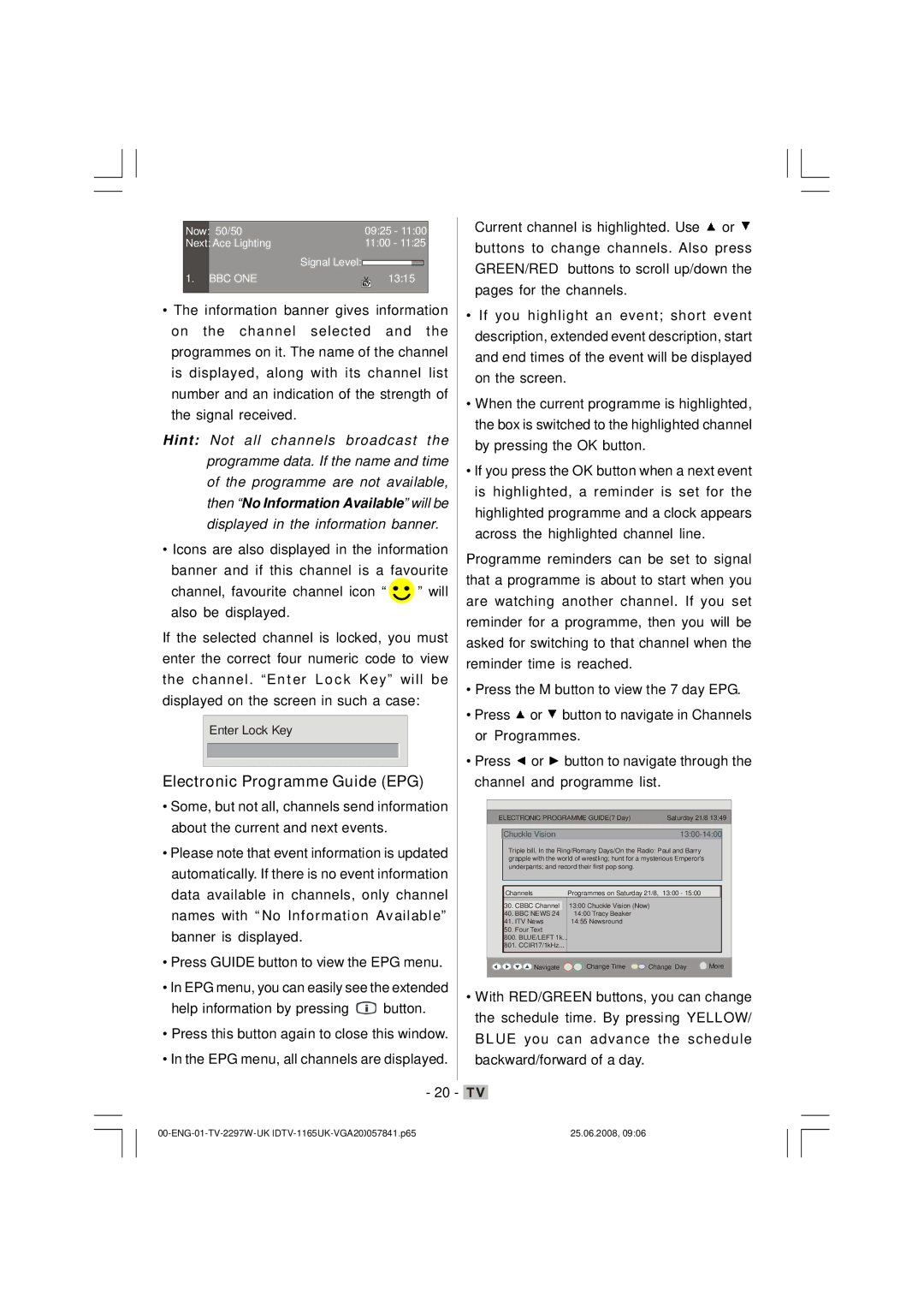 Matsui America M22LID618 manual Electronic Programme Guide EPG, Chuckle Vision 1300-1400 