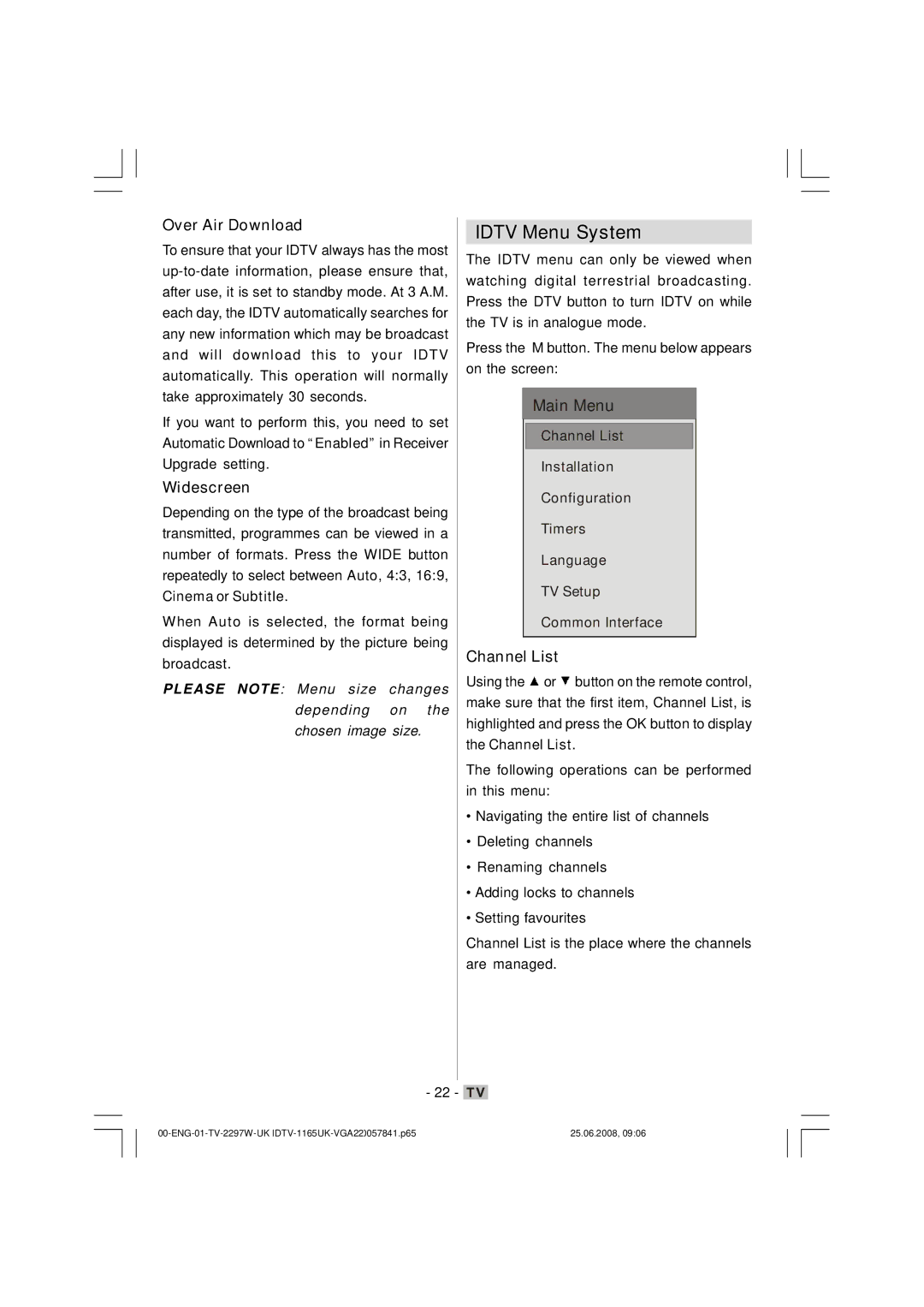 Matsui America M22LID618 manual Idtv Menu System, Over Air Download, Widescreen, Channel List, Cinema or Subtitle 