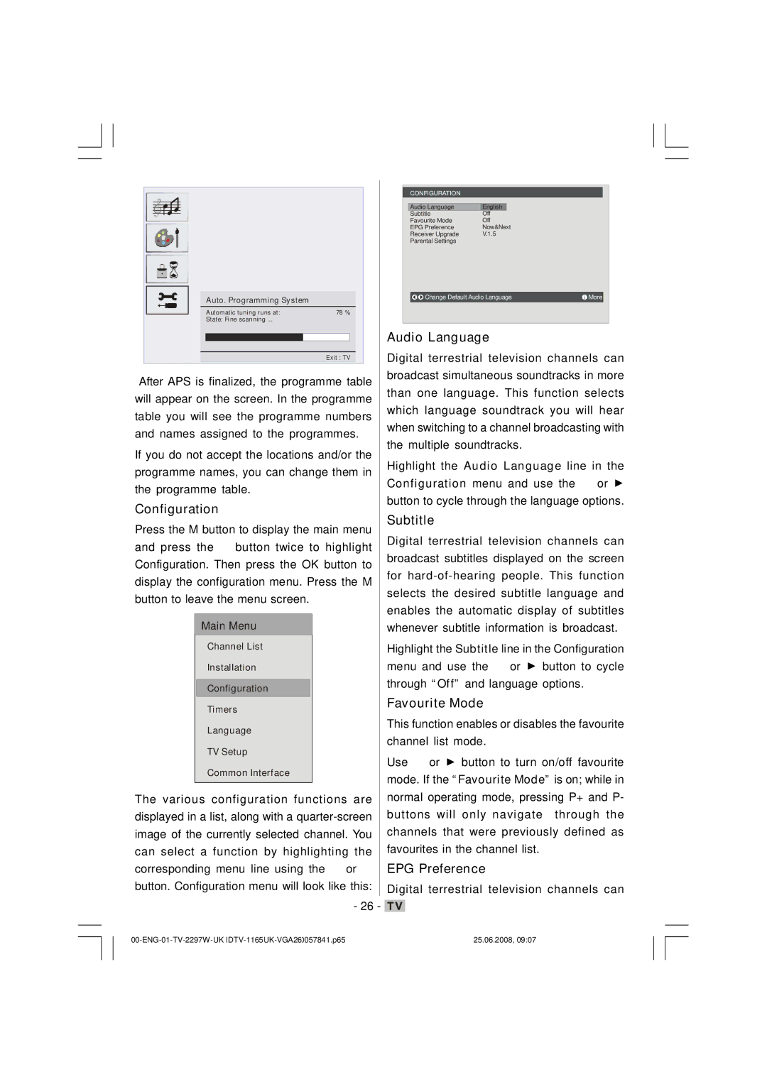 Matsui America M22LID618 manual Configuration, Audio Language, Subtitle, Favourite Mode, EPG Preference 