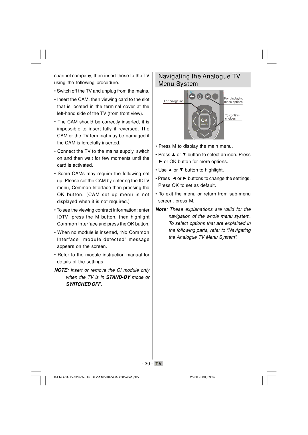 Matsui America M22LID618 manual Navigating the Analogue TV Menu System 