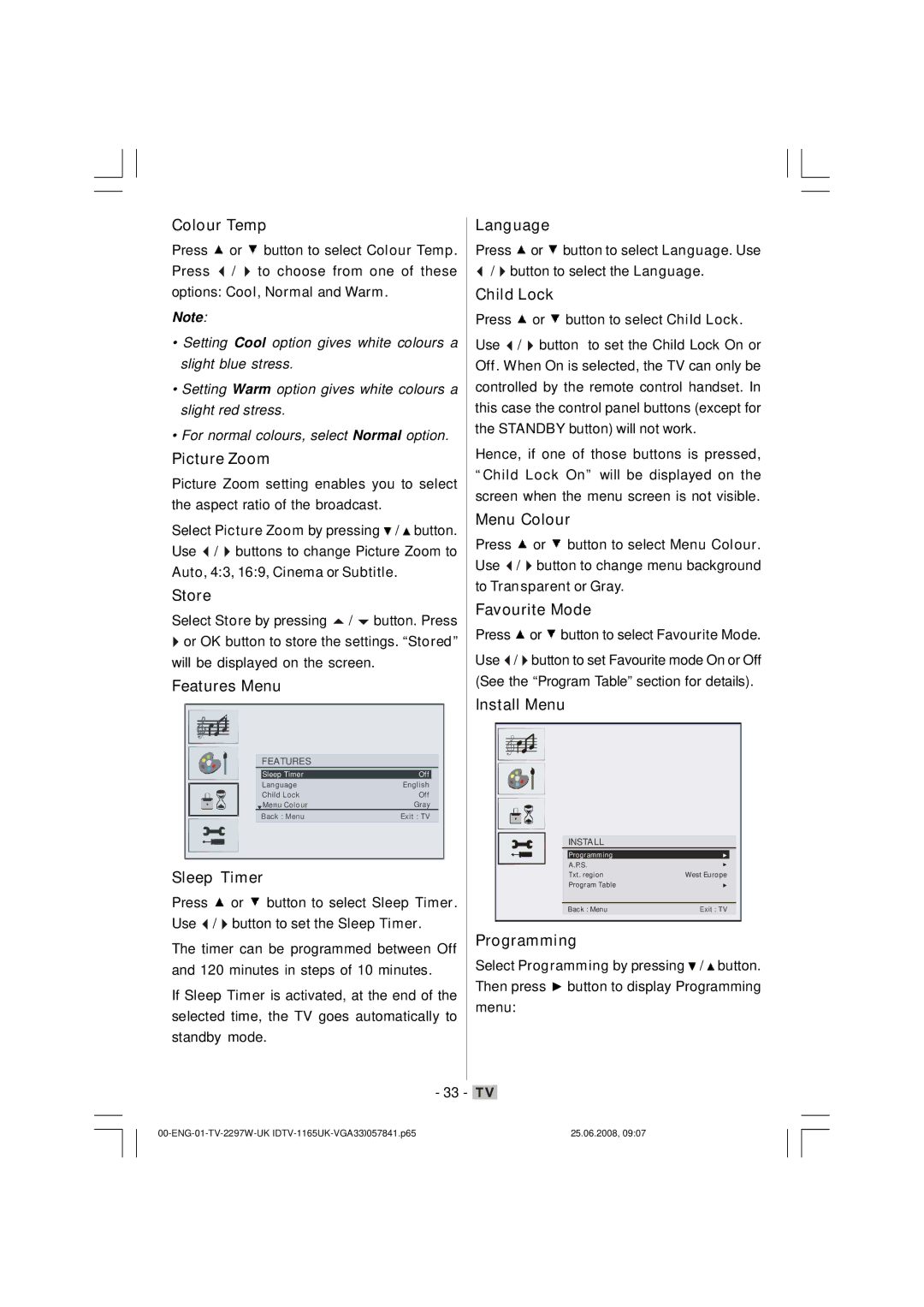 Matsui America M22LID618 manual Colour Temp, Picture Zoom, Features Menu Language, Child Lock, Menu Colour, Install Menu 