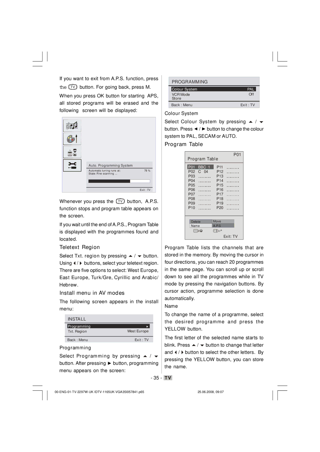 Matsui America M22LID618 manual Teletext Region, Install menu in AV modes, Program Table, Programming, Name 