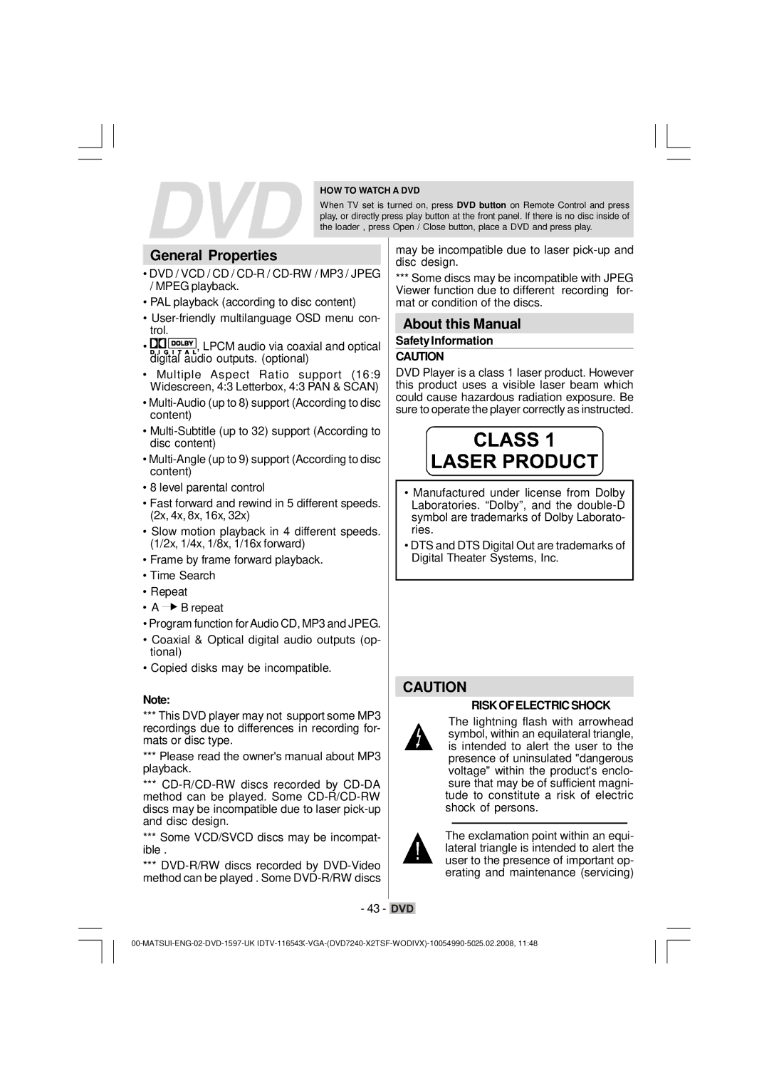 Matsui America M22LID618 manual General Properties, About this Manual, Safety Information 