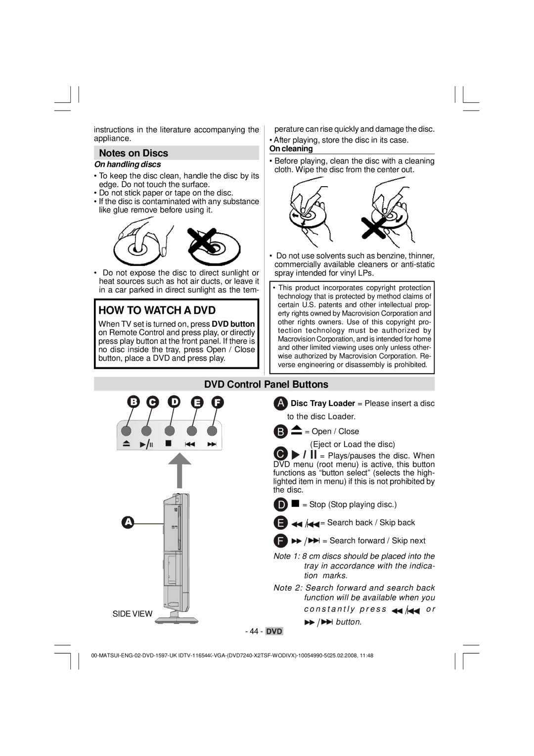 Matsui America M22LID618 DVD Control Panel Buttons, Instructions in the literature accompanying the appliance, On cleaning 