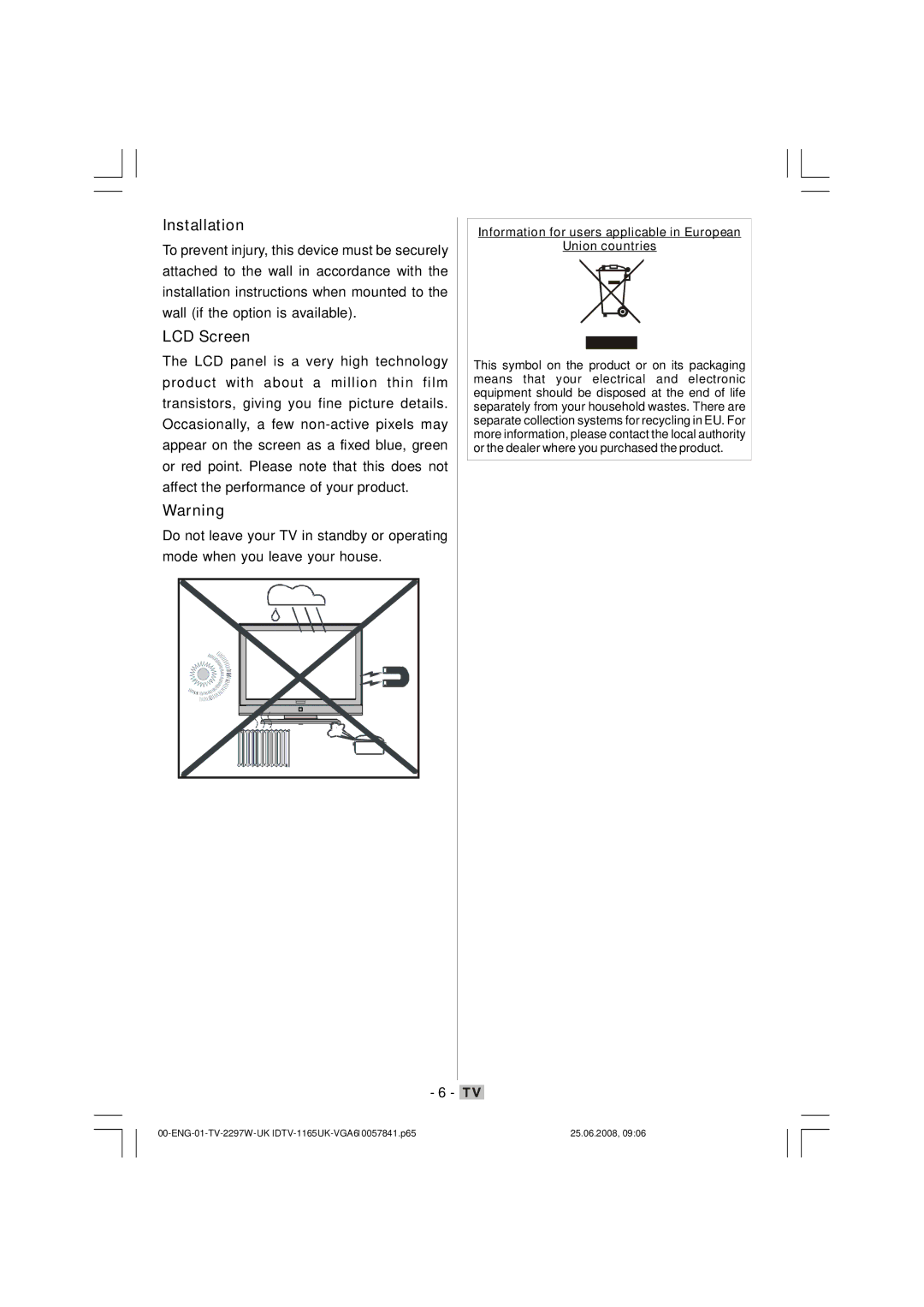 Matsui America M22LID618 manual Installation, LCD Screen 