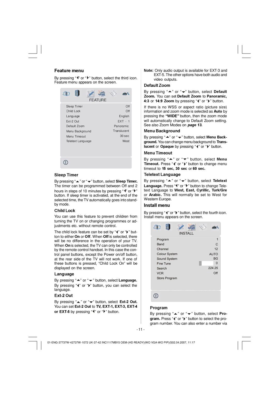 Matsui America MAT37LW507E, MAT42LW507E operating instructions Feature menu, Install menu 