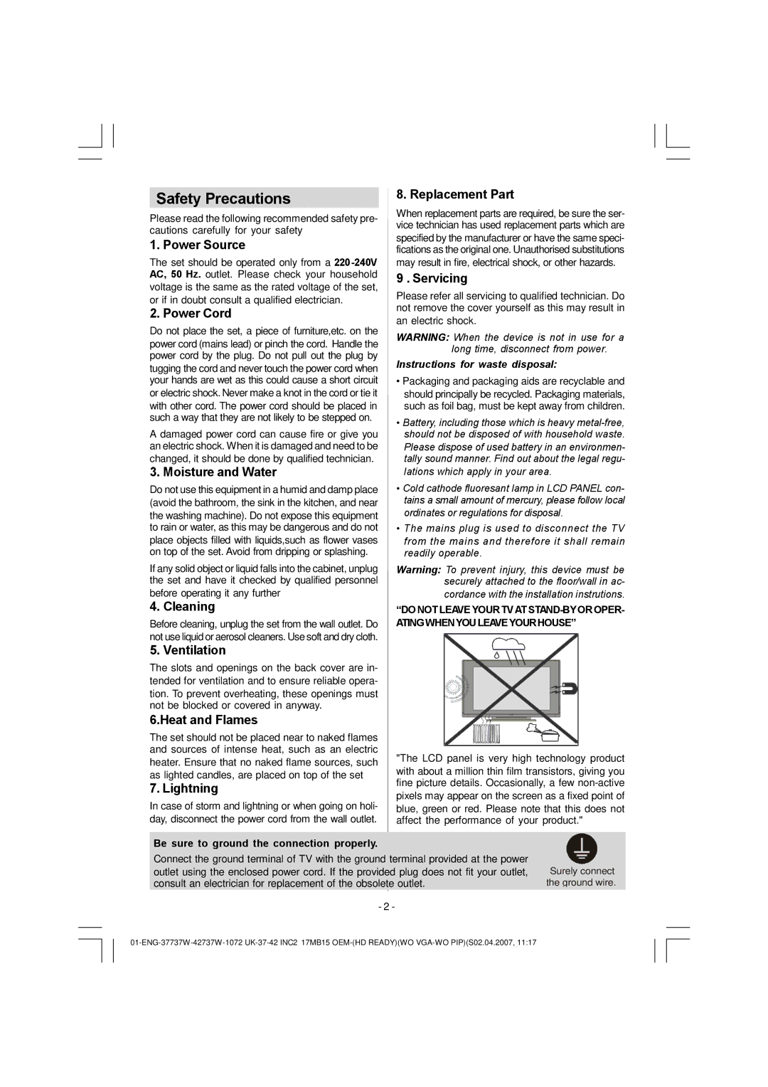 Matsui America MAT42LW507E, MAT37LW507E operating instructions Safety Precautions 