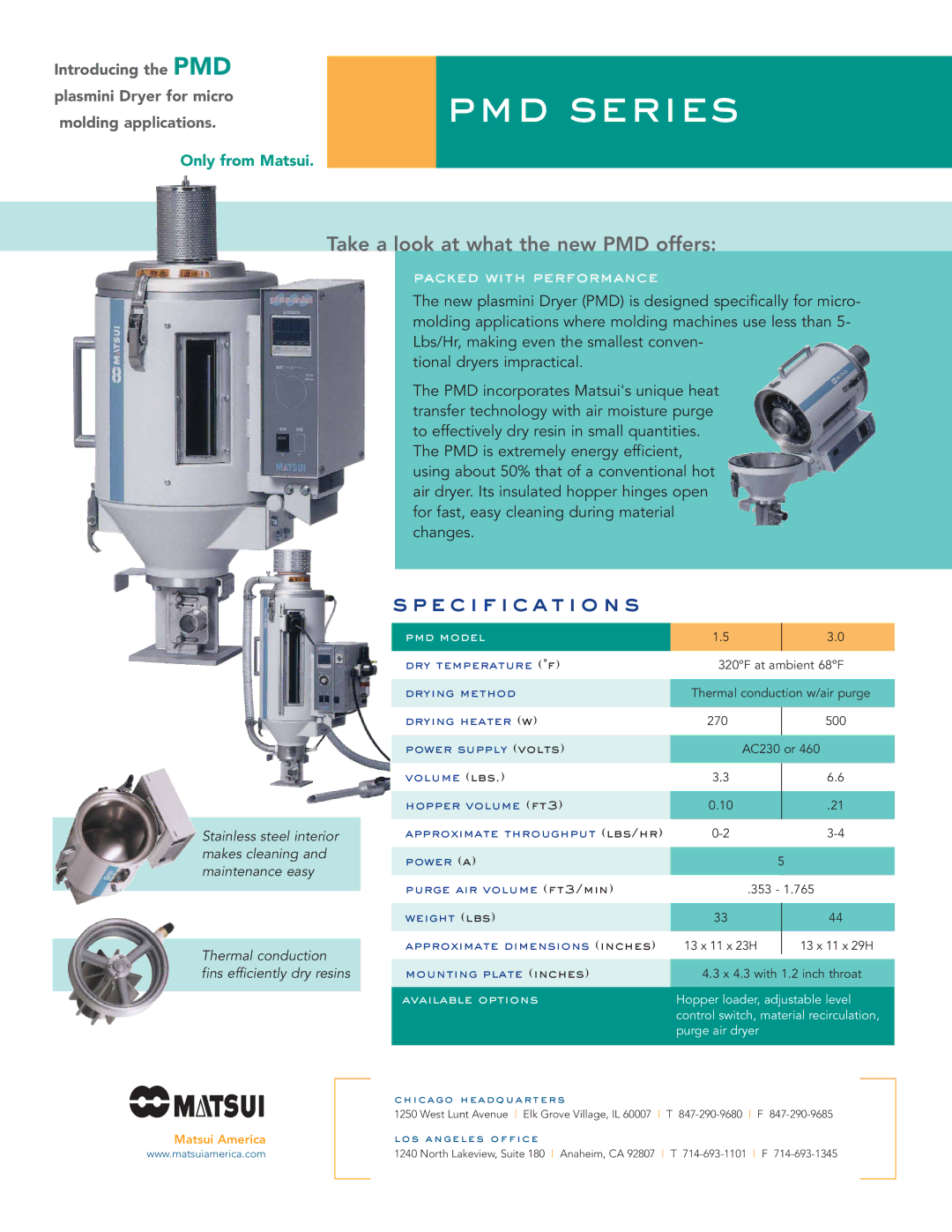 Matsui America PMD Series Specification s, Take a look at what the new PMD offers, Packed with performance, Pmd model 