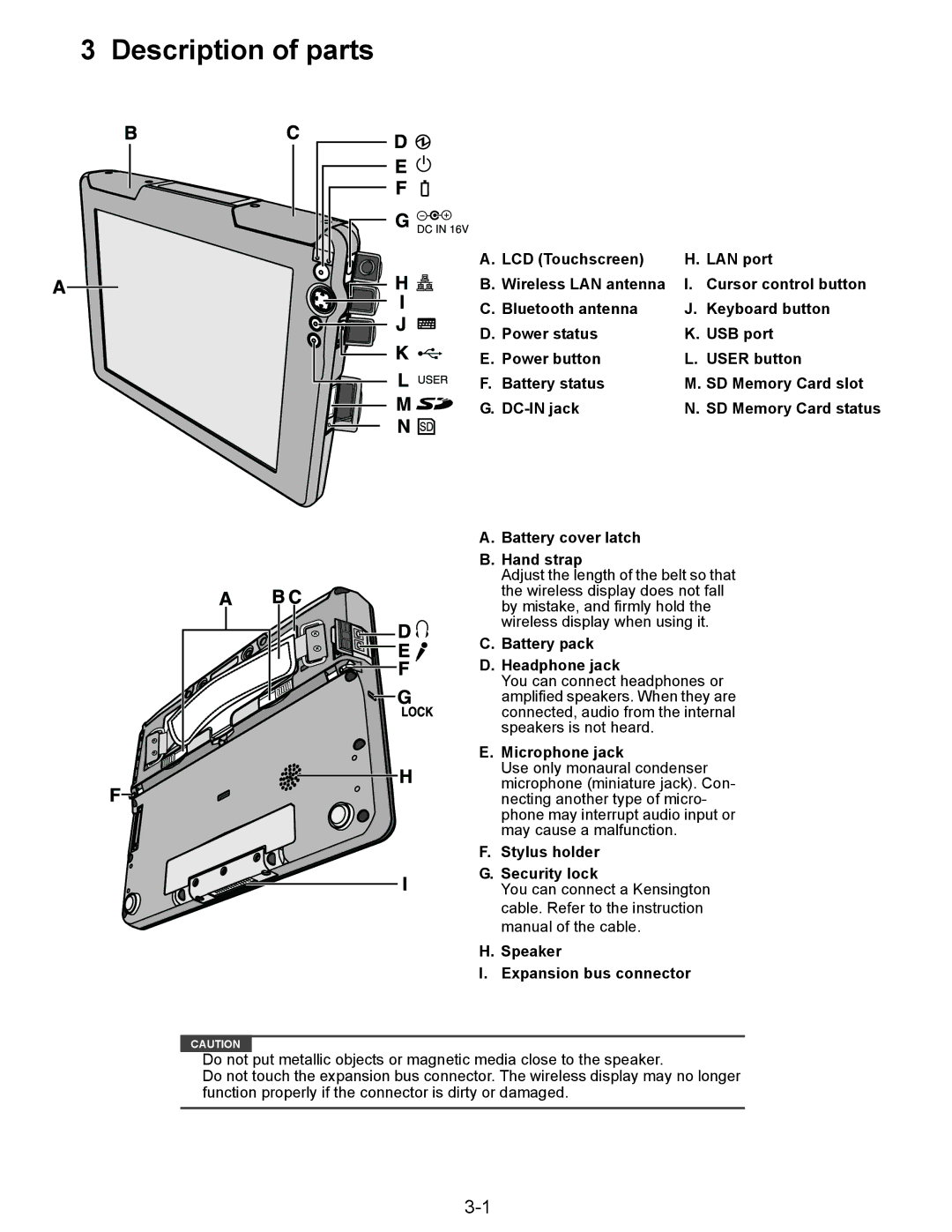 Matsushita CF-08TX1A1M manual Description of parts, Battery pack Headphone jack, Microphone jack 