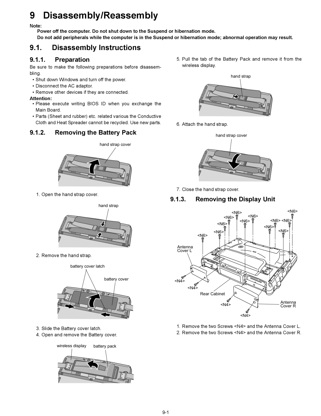 Matsushita CF-08TX1A1M manual Disassembly/Reassembly, Preparation, Removing the Battery Pack, Removing the Display Unit 