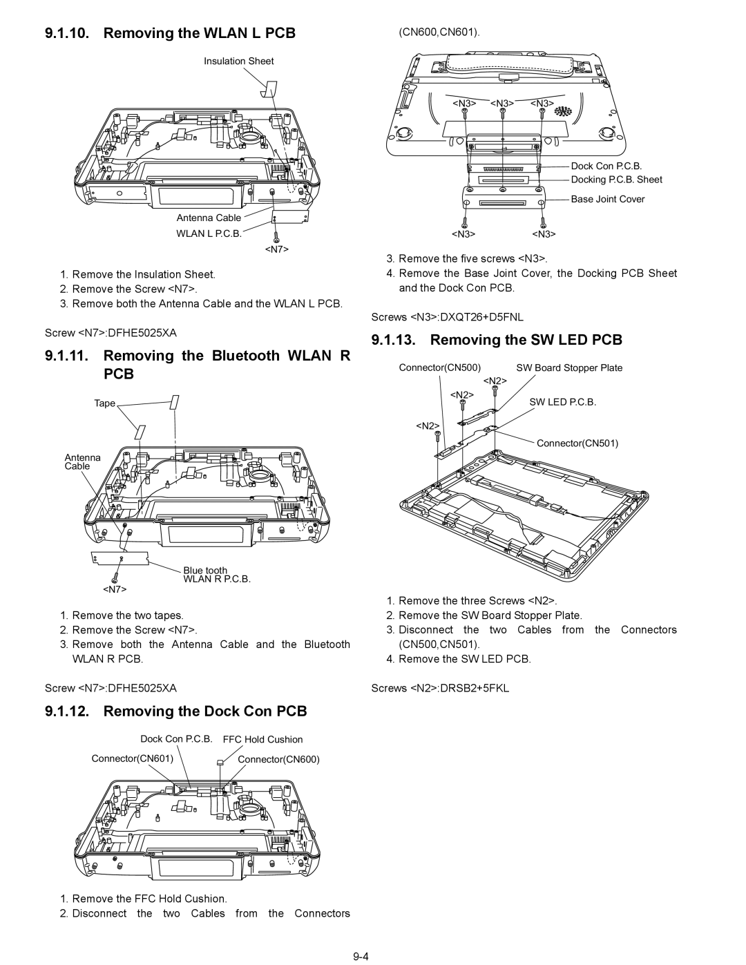 Matsushita CF-08TX1A1M manual Removing the Wlan L PCB, Removing the Bluetooth Wlan R PCB, Removing the Dock Con PCB 