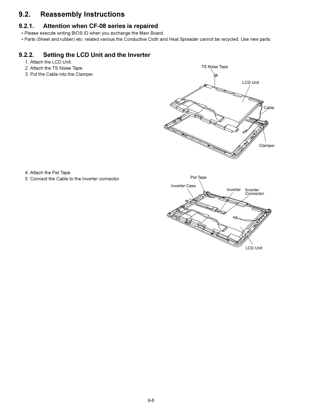 Matsushita CF-08TX1A1M manual Reassembly Instructions, Setting the LCD Unit and the Inverter 