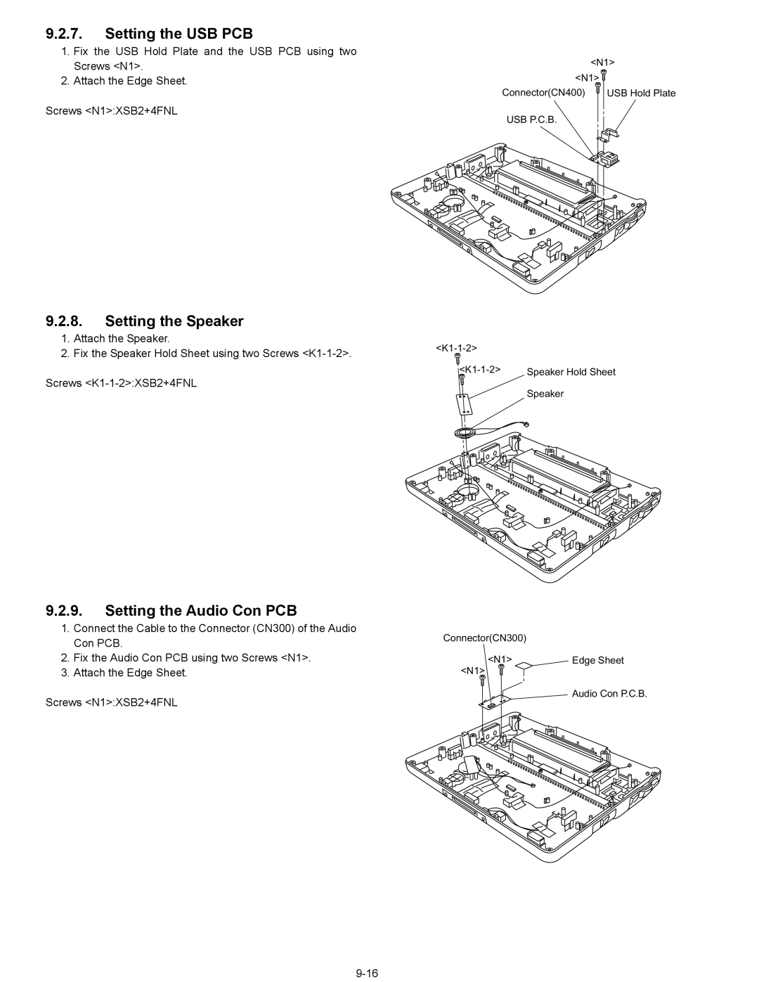 Matsushita CF-08TX1A1M manual Setting the USB PCB, Setting the Speaker, Setting the Audio Con PCB 