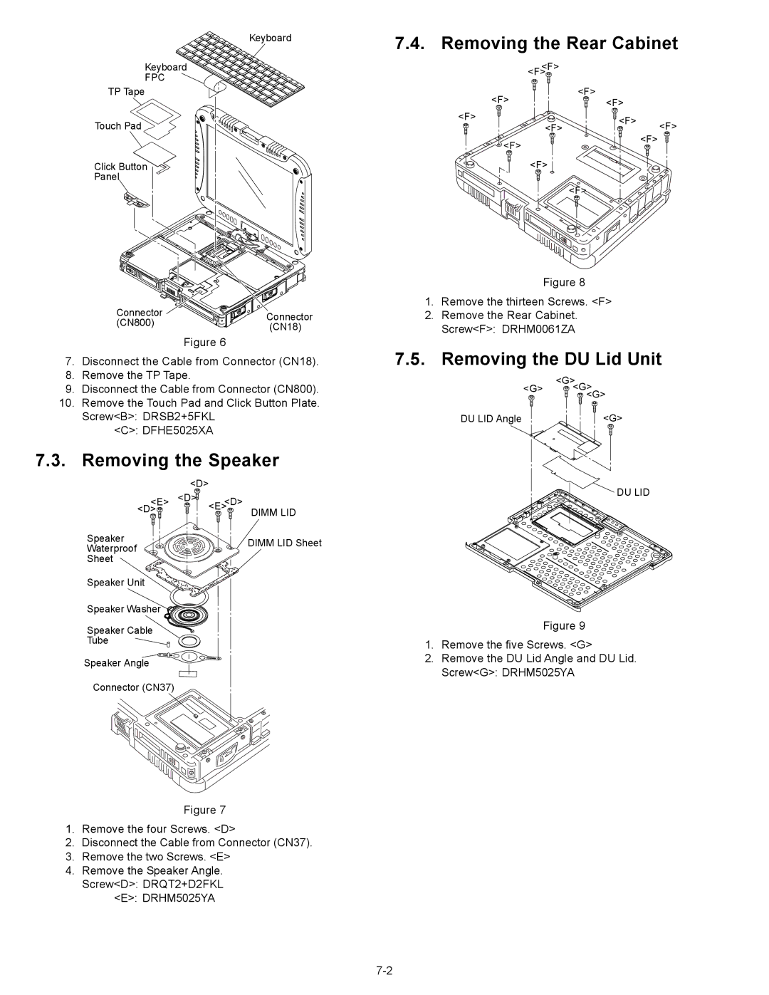 Matsushita CF-18JHU70TW service manual Removing the Speaker, Removing the Rear Cabinet, Removing the DU Lid Unit 