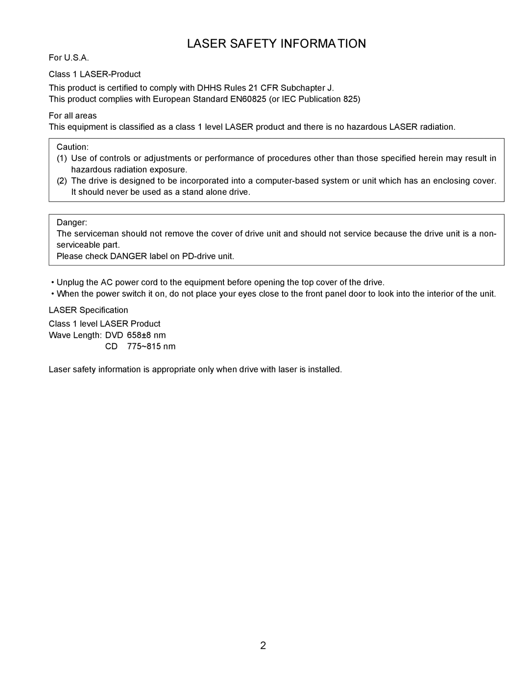 Matsushita CF-18JHU70TW service manual Laser Safety Information 