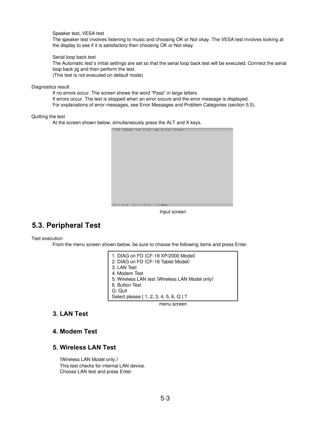 Matsushita CF-18JHU80TW service manual Peripheral Test, LAN Test Modem Test Wireless LAN Test 