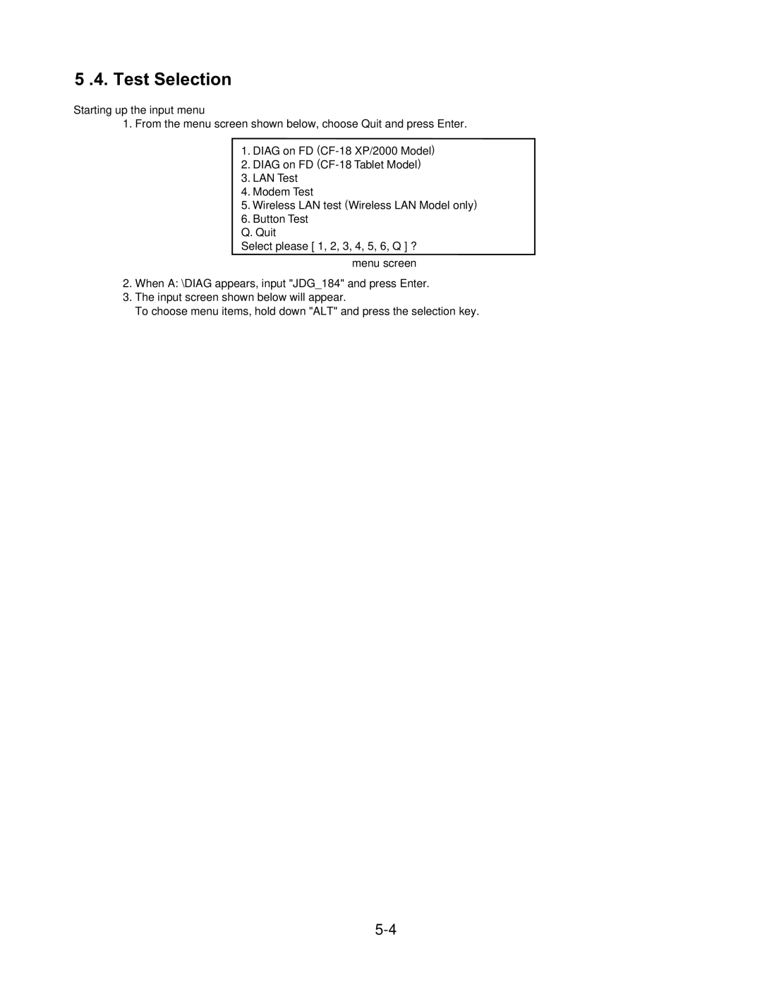 Matsushita CF-18JHU80TW service manual Test Selection 